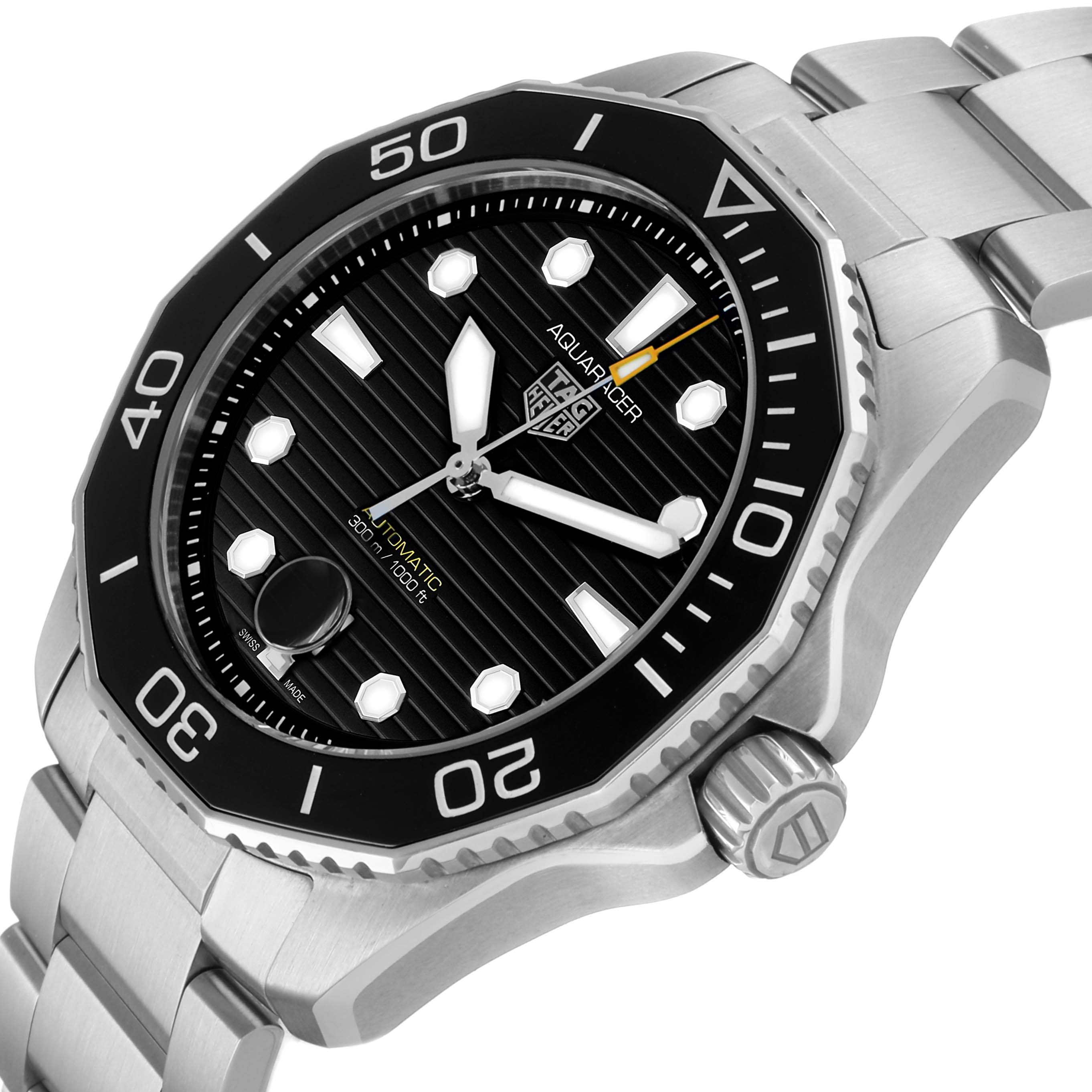 The Tag Heuer Aquaracer WBP201A-0.BA0632 Men's Stainless Steel Black Dial watch is shown at a close-up angle highlighting the bezel, dial, crown, and part of the bracelet.