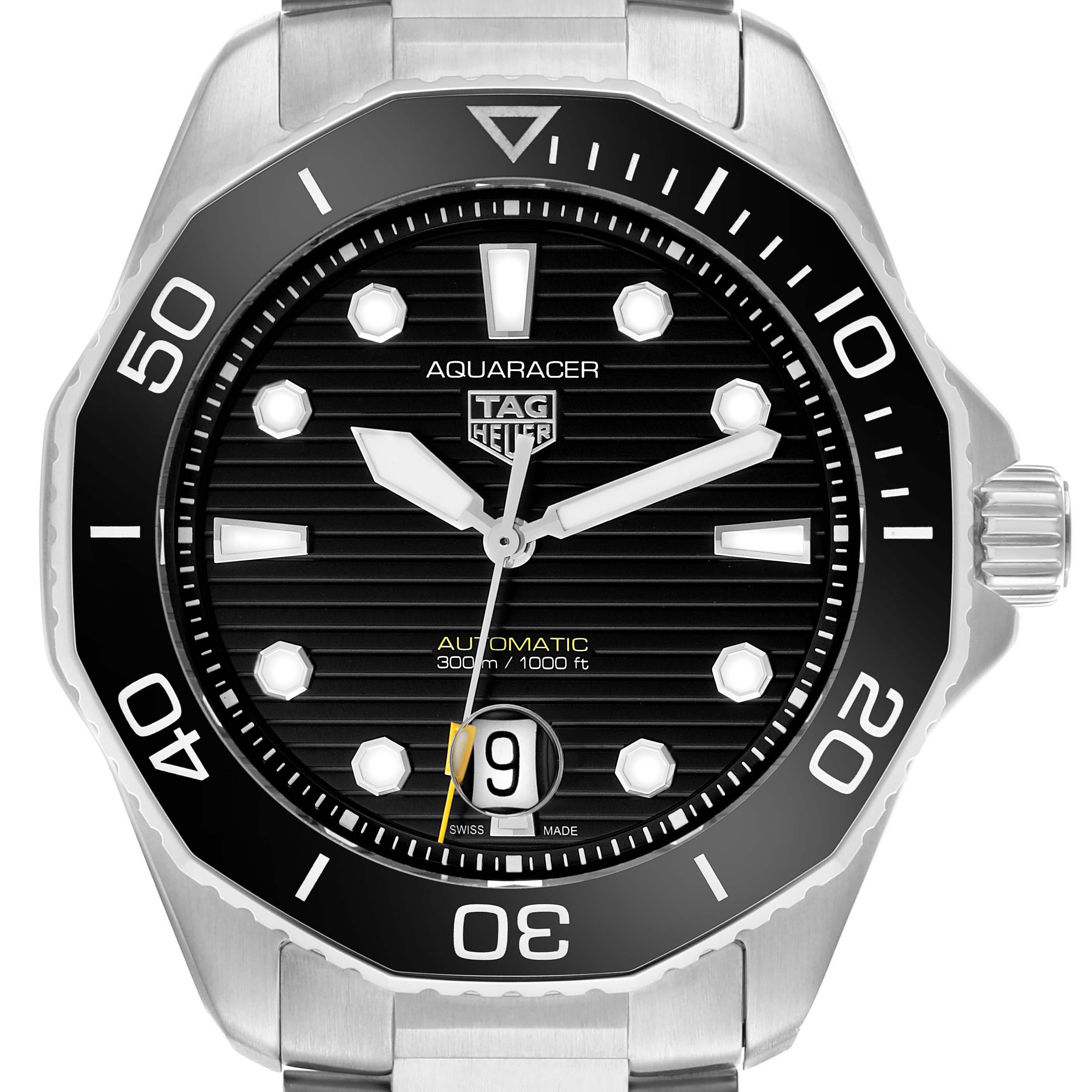 The TAG Heuer Aquaracer watch is shown from a front angle, displaying the dial, bezel, and part of the bracelet.