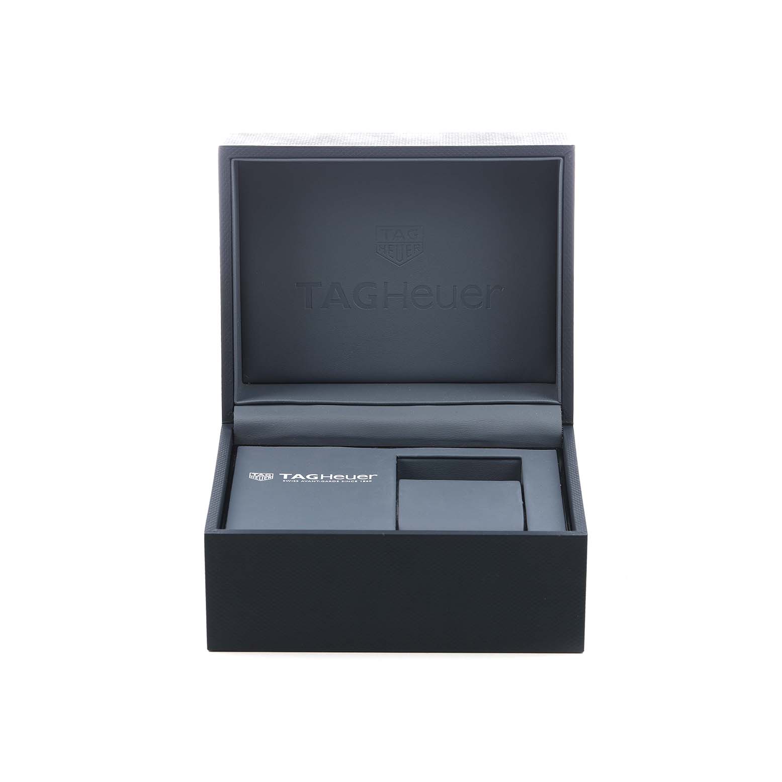 The image shows an open TAG Heuer watch box for the Aquaracer model, viewed from the front with compartments visible.