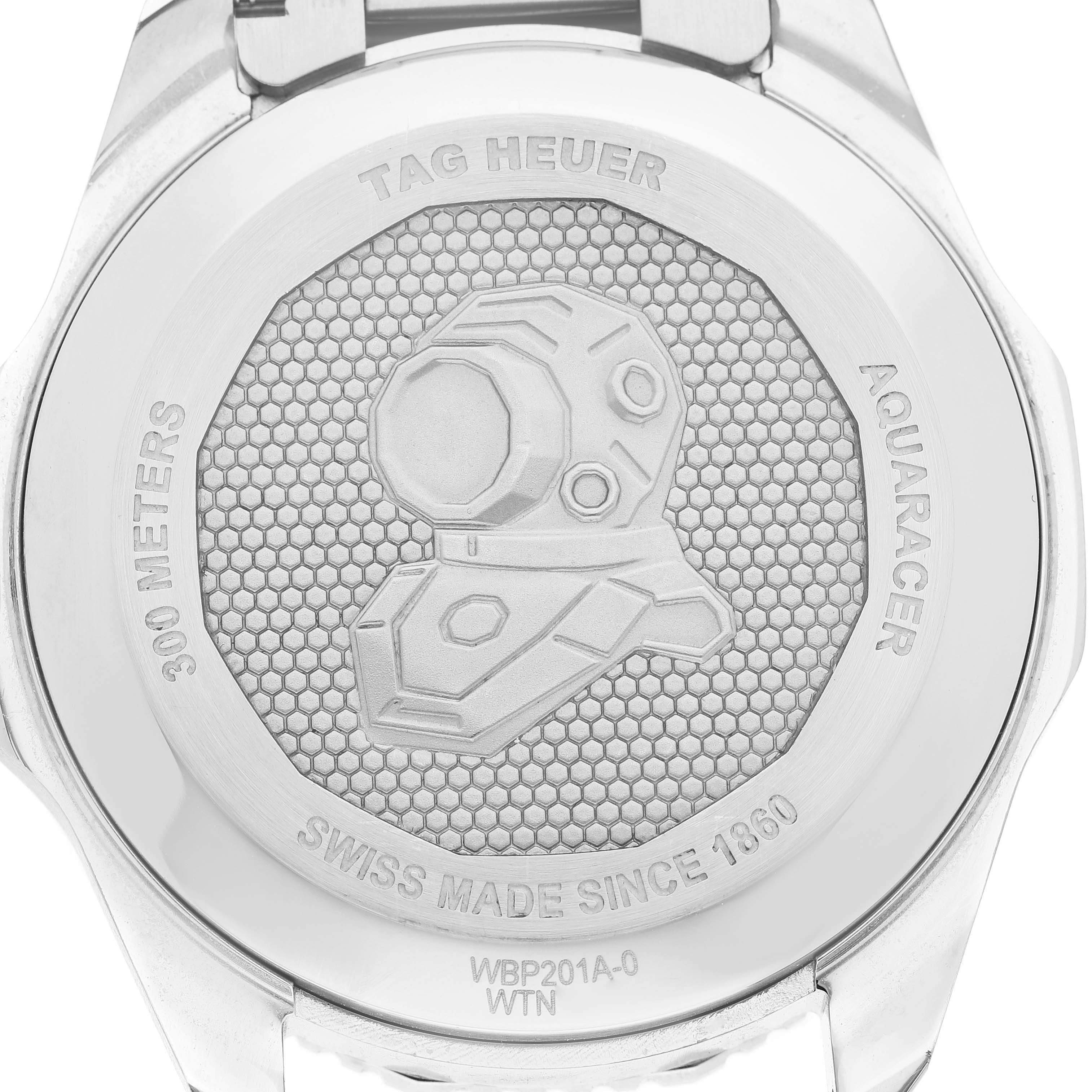 The image shows the back of the Tag Heuer Aquaracer WBP201A-0.BA0632 Men's Stainless Steel Black Dial, featuring an engraving and model details.