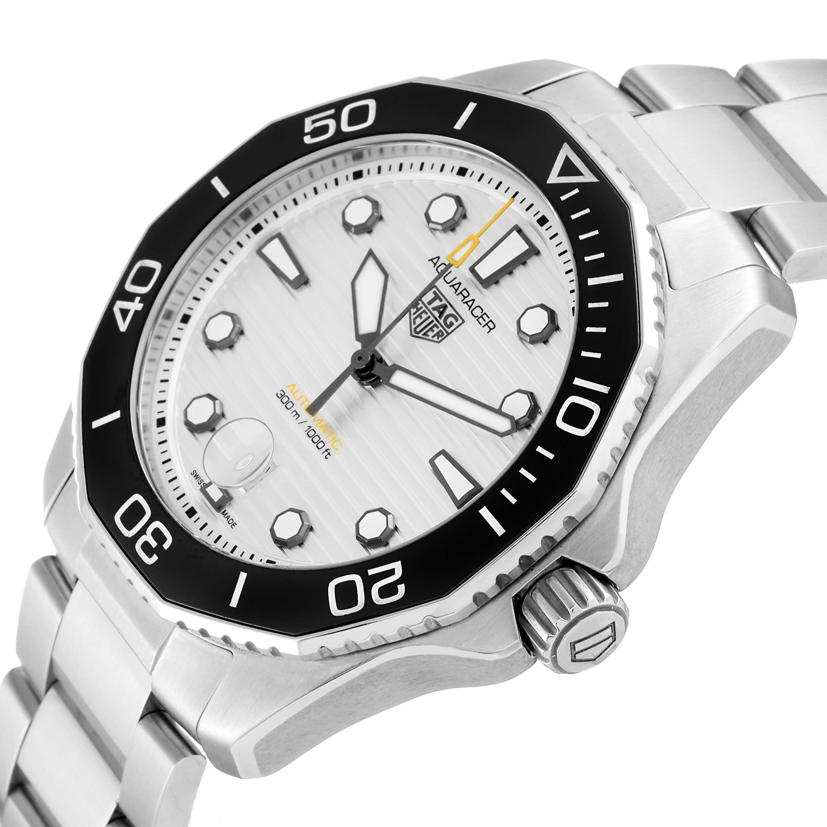 The image shows a Tag Heuer Aquaracer WBP201C.BA0632 Men's Stainless Steel Silver Dial WBP201C.BA0632 Men's Stainless Steel Silver Dial watch at an angled view, highlighting its dial, bezel, crown, and bracelet.