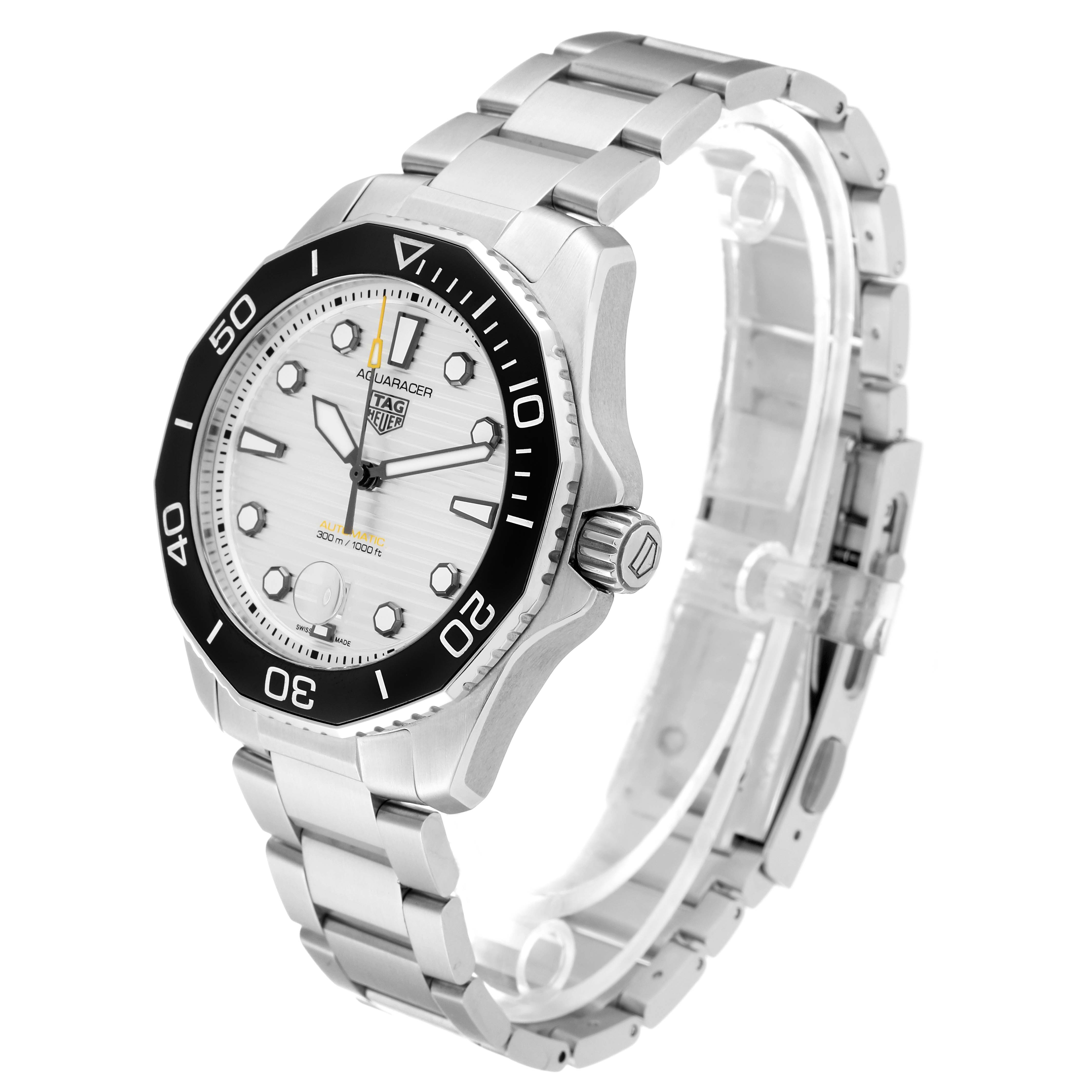 This image shows a side angle view of a Tag Heuer Aquaracer WBP201C.BA0632 Men's Stainless Steel Silver Dial WBP201C.BA0632 Men's Stainless Steel Silver Dial watch, highlighting its face, bezel, and stainless steel bracelet.