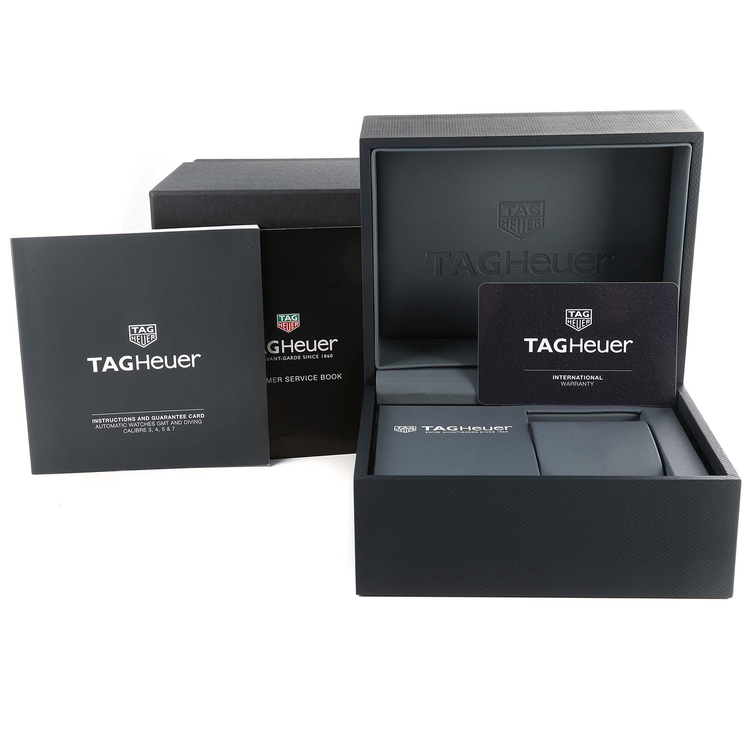 The image shows the box, warranty card, manuals, and packaging for the Tag Heuer Aquaracer WBP201C.BA0632 Men's Stainless Steel Silver Dial WBP201C.BA0632 Men's Stainless Steel Silver Dial watch.