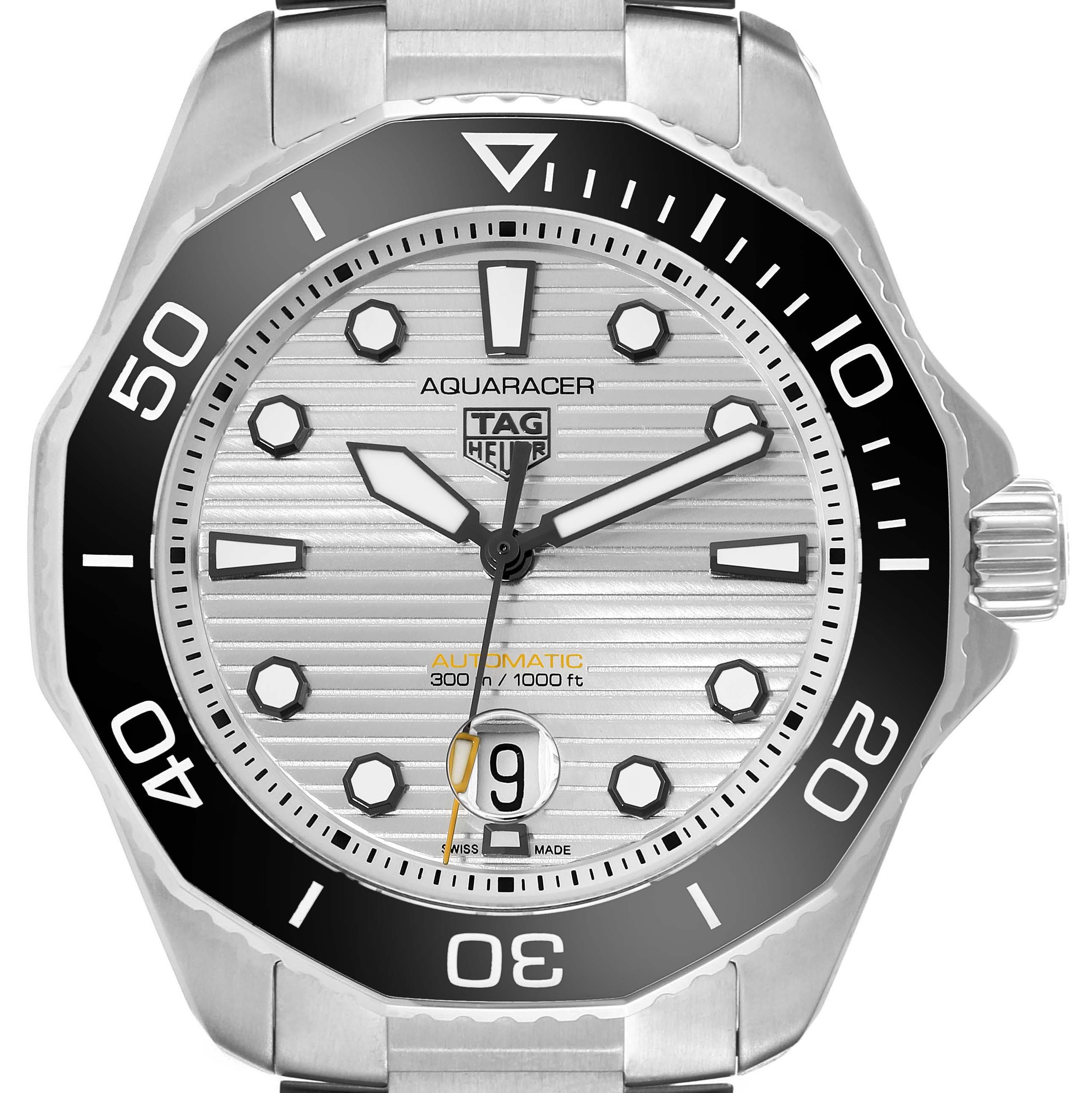 The image shows a front view of the Tag Heuer Aquaracer WBP201C.BA0632 Men's Stainless Steel Silver Dial WBP201C.BA0632 Men's Stainless Steel Silver Dial watch, highlighting the dial, bezel, hands, and date display.