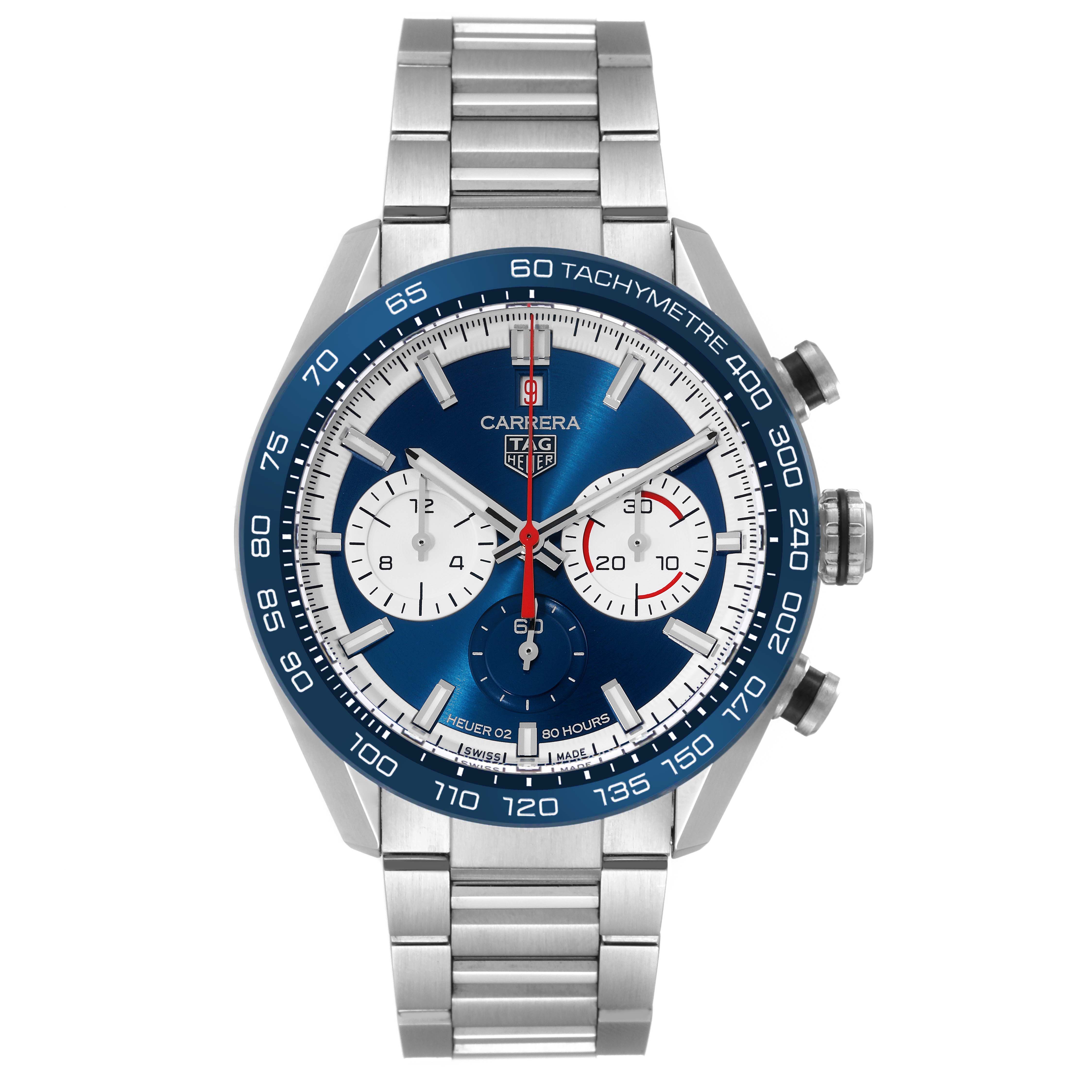 This image shows a front view of the Tag Heuer Carrera CBN2A1E Men's Stainless Steel Blue Dial CBN2A1E Men's Stainless Steel Blue Dial model watch displaying its face, bezel, and metal bracelet.