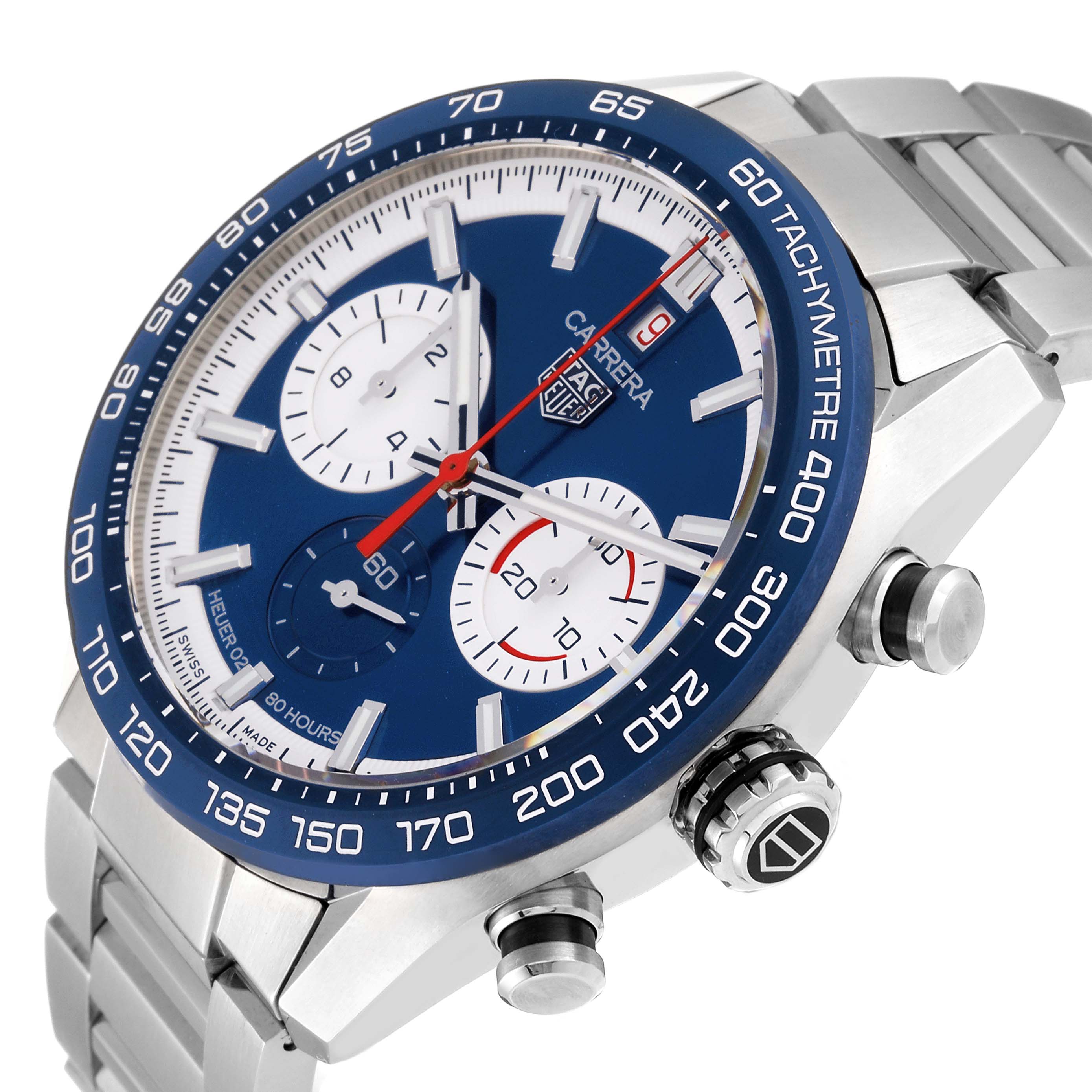 This Tag Heuer Carrera CBN2A1E Men's Stainless Steel Blue Dial CBN2A1E Men's Stainless Steel Blue Dial watch is shown at an angled side view, displaying its dial, bezel, and stainless steel bracelet.