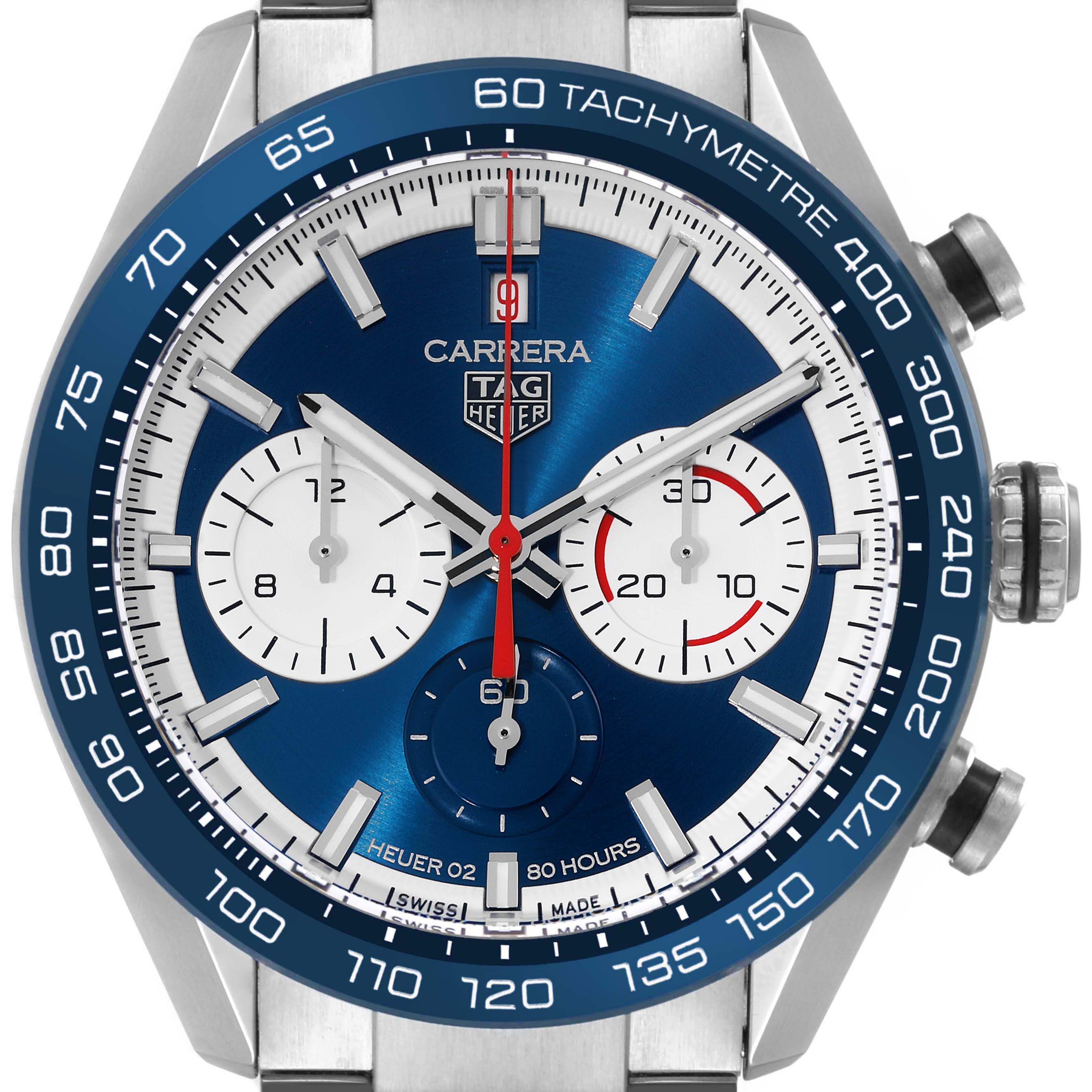 The image shows a front-facing view of the Tag Heuer Carrera CBN2A1E Men's Stainless Steel Blue Dial CBN2A1E Men's Stainless Steel Blue Dial watch, highlighting its dial, subdials, and tachymeter bezel.
