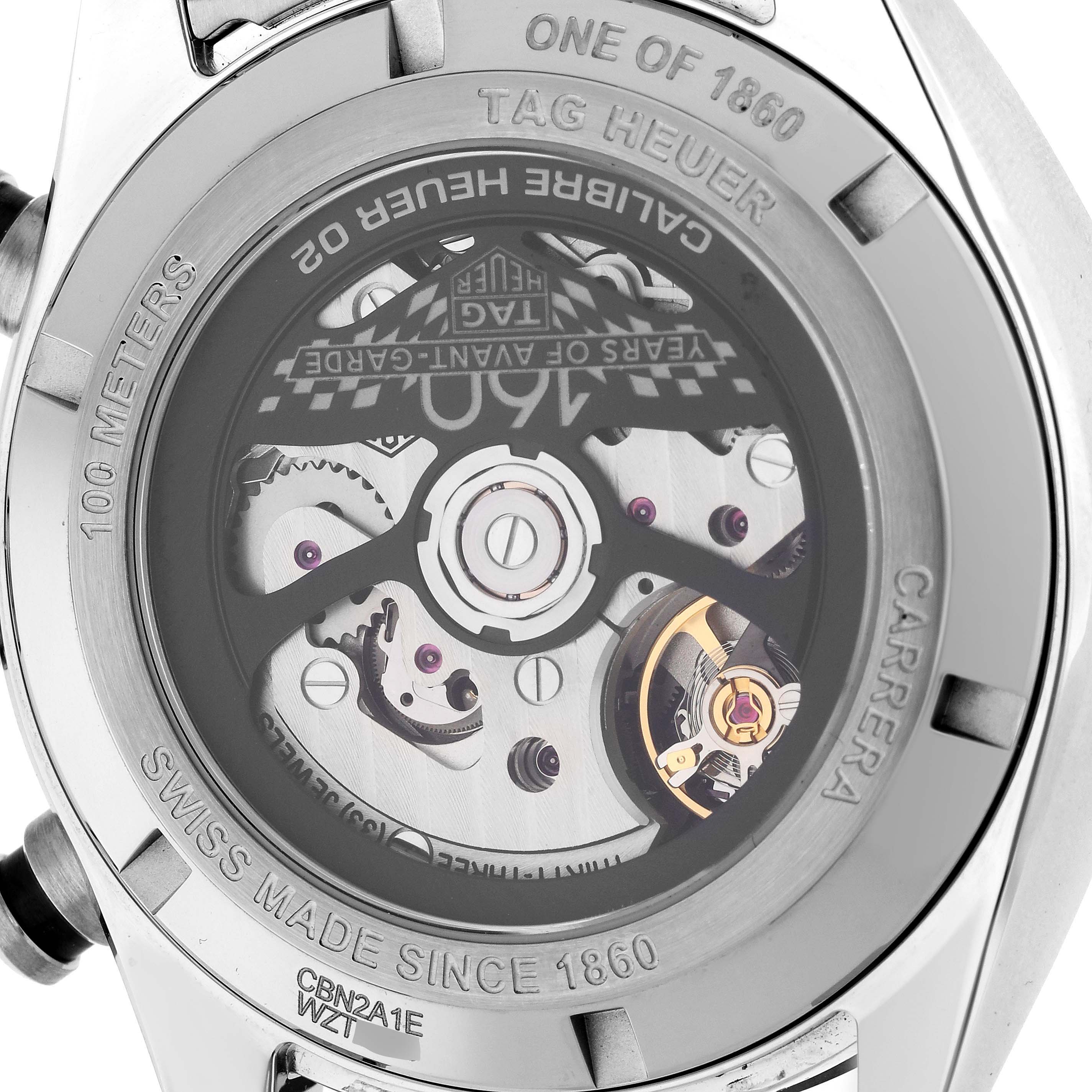 This image shows the back view of the Tag Heuer Carrera CBN2A1E Men's Stainless Steel Blue Dial CBN2A1E Men's Stainless Steel Blue Dial watch, featuring its movement and engravings.