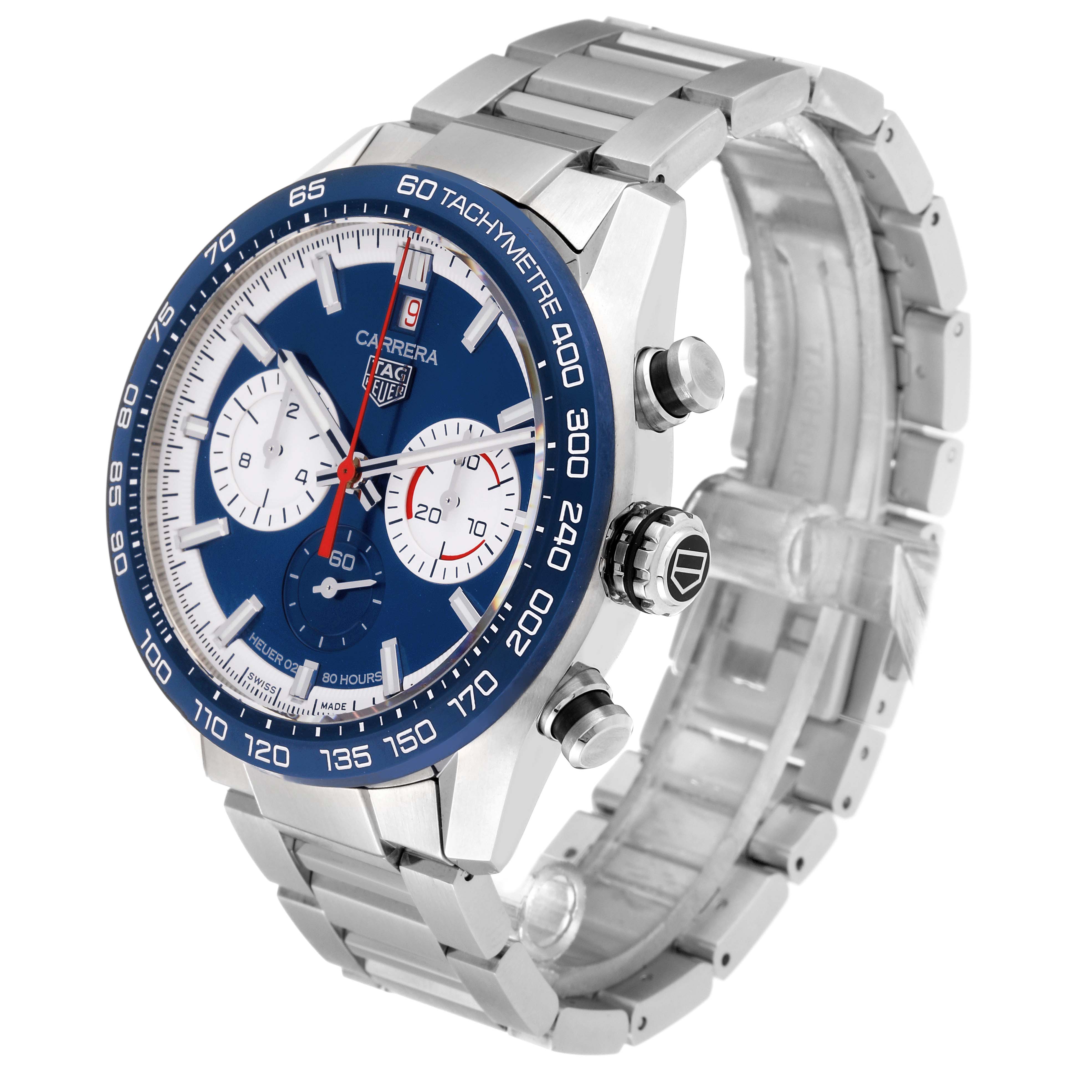This image shows a Tag Heuer Carrera CBN2A1E Men's Stainless Steel Blue Dial CBN2A1E Men's Stainless Steel Blue Dial model watch at a three-quarter angle, showcasing its face, bezel, crown, and stainless steel band.