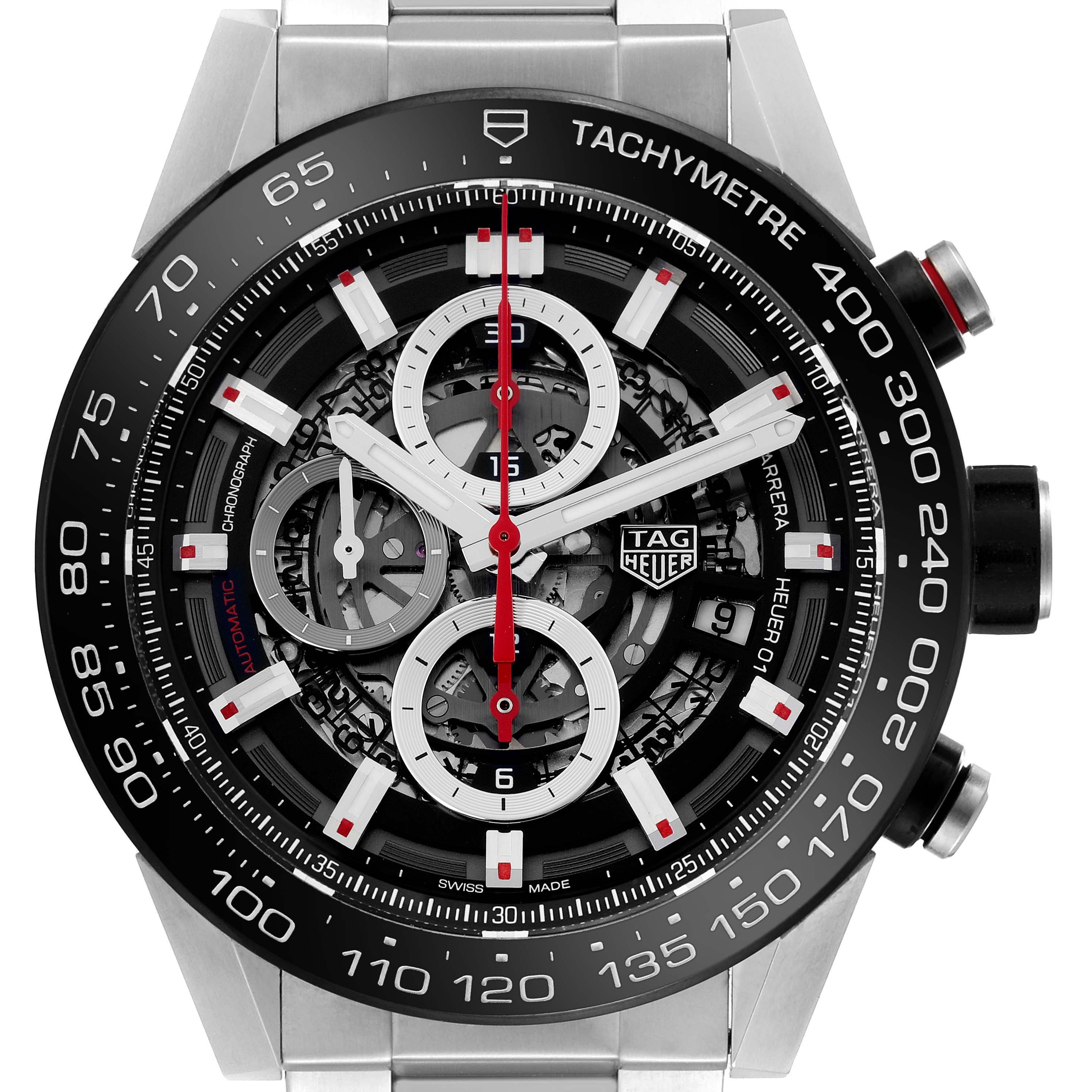 The Tag Heuer Carrera CAR2A1Z.FT6044 Men's Stainless Steel Transparent Dial CAR2A1Z.FT6044 Men's Stainless Steel Transparent Dial model is shown from the front, highlighting the dial, tachymeter bezel, and chronograph features.