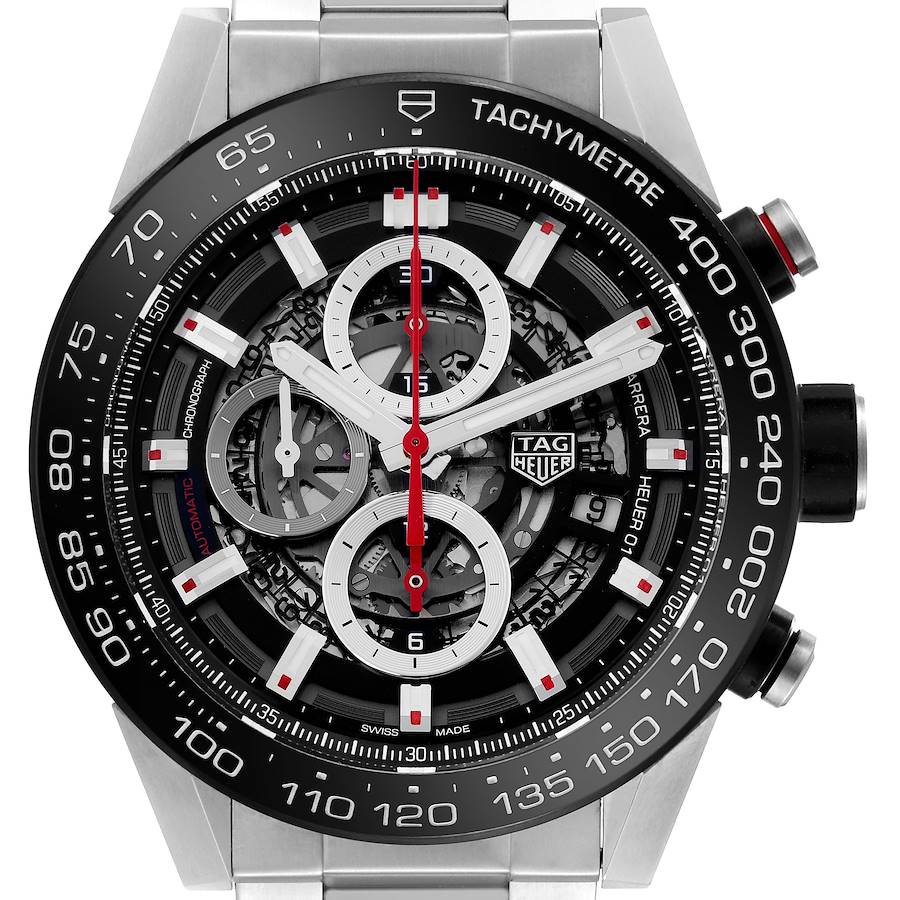 The Tag Heuer Carrera model is shown from the front, highlighting the dial, tachymeter bezel, and chronograph features.