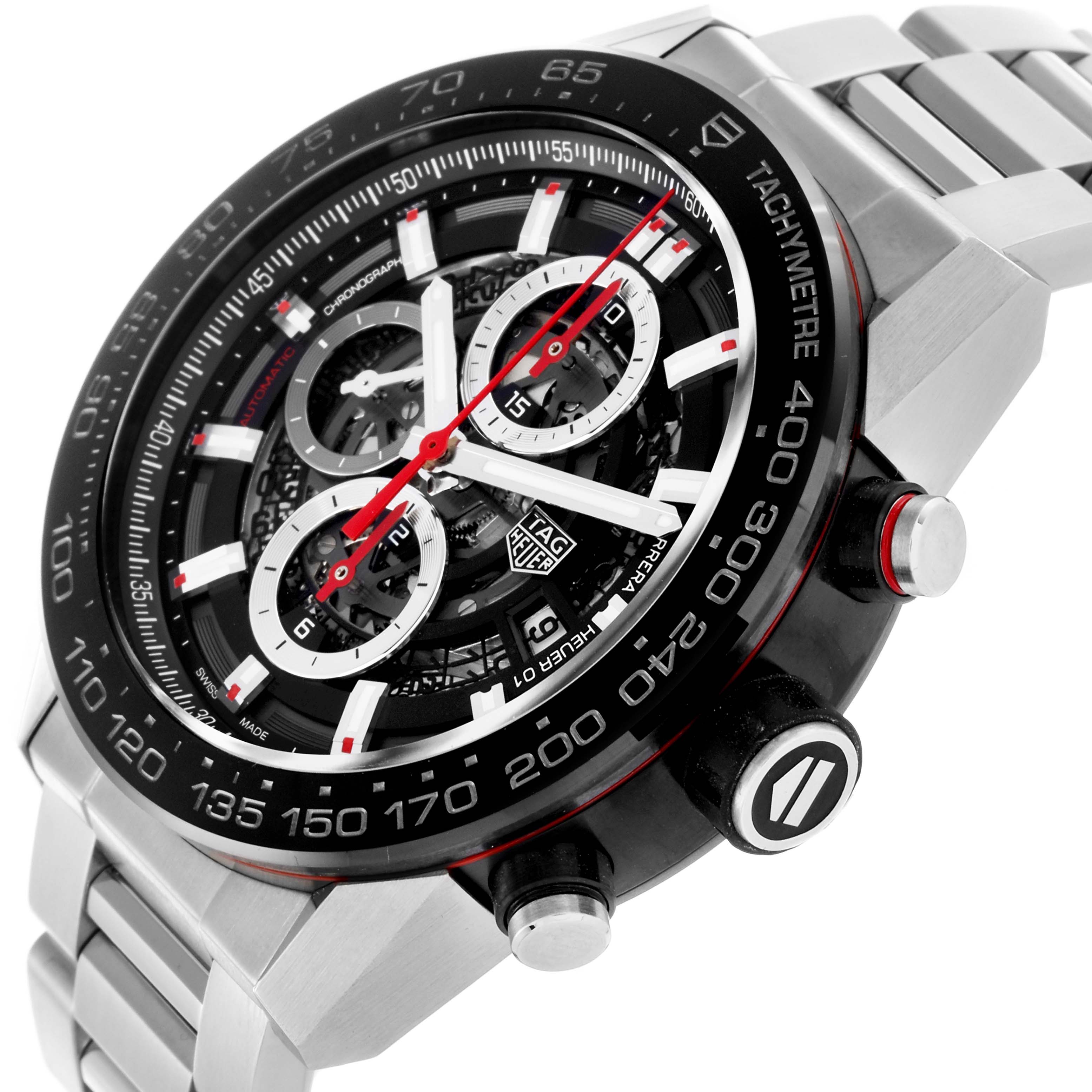 The Tag Heuer Carrera CAR2A1Z.FT6044 Men's Stainless Steel Transparent Dial CAR2A1Z.FT6044 Men's Stainless Steel Transparent Dial watch is shown at a slight side angle, highlighting the dial, bezel, pushers, and part of the bracelet.