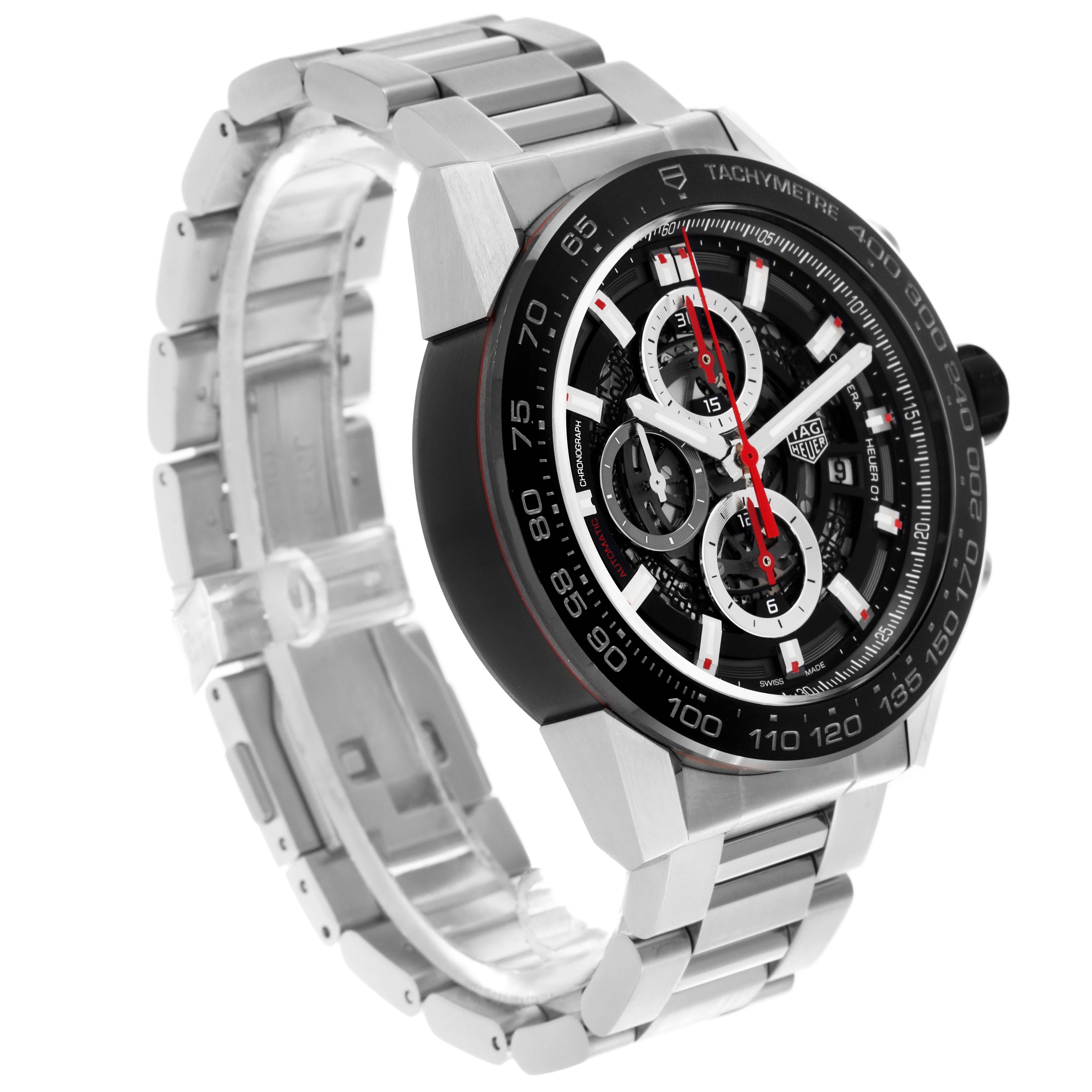 The Tag Heuer Carrera CAR2A1Z.FT6044 Men's Stainless Steel Transparent Dial CAR2A1Z.FT6044 Men's Stainless Steel Transparent Dial watch is shown at a three-quarter angle highlighting the face, bezel, and metallic strap.