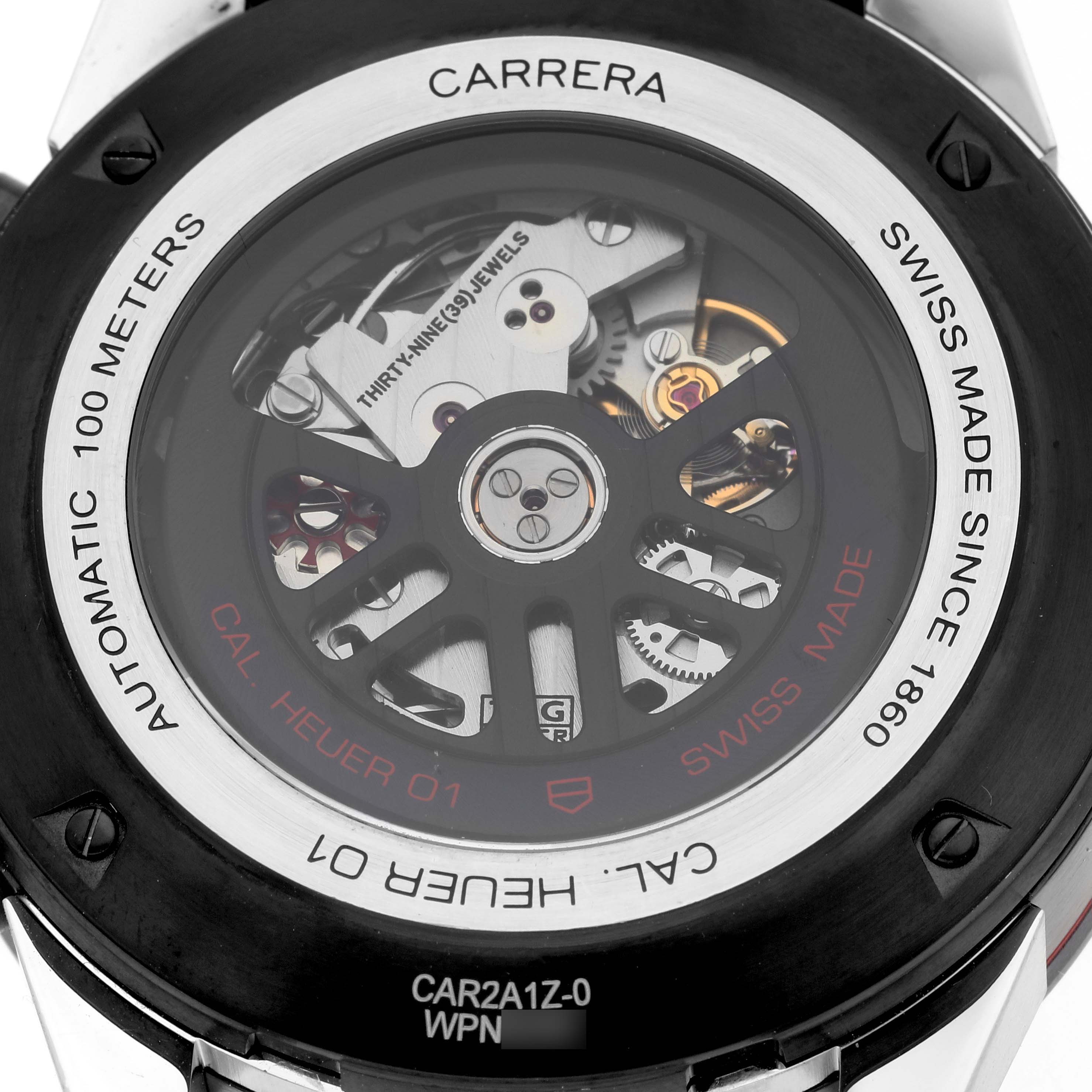 The image shows the back of a Tag Heuer Carrera CAR2A1Z.FT6044 Men's Stainless Steel Transparent Dial CAR2A1Z.FT6044 Men's Stainless Steel Transparent Dial watch, highlighting its automatic movement and internal mechanics.