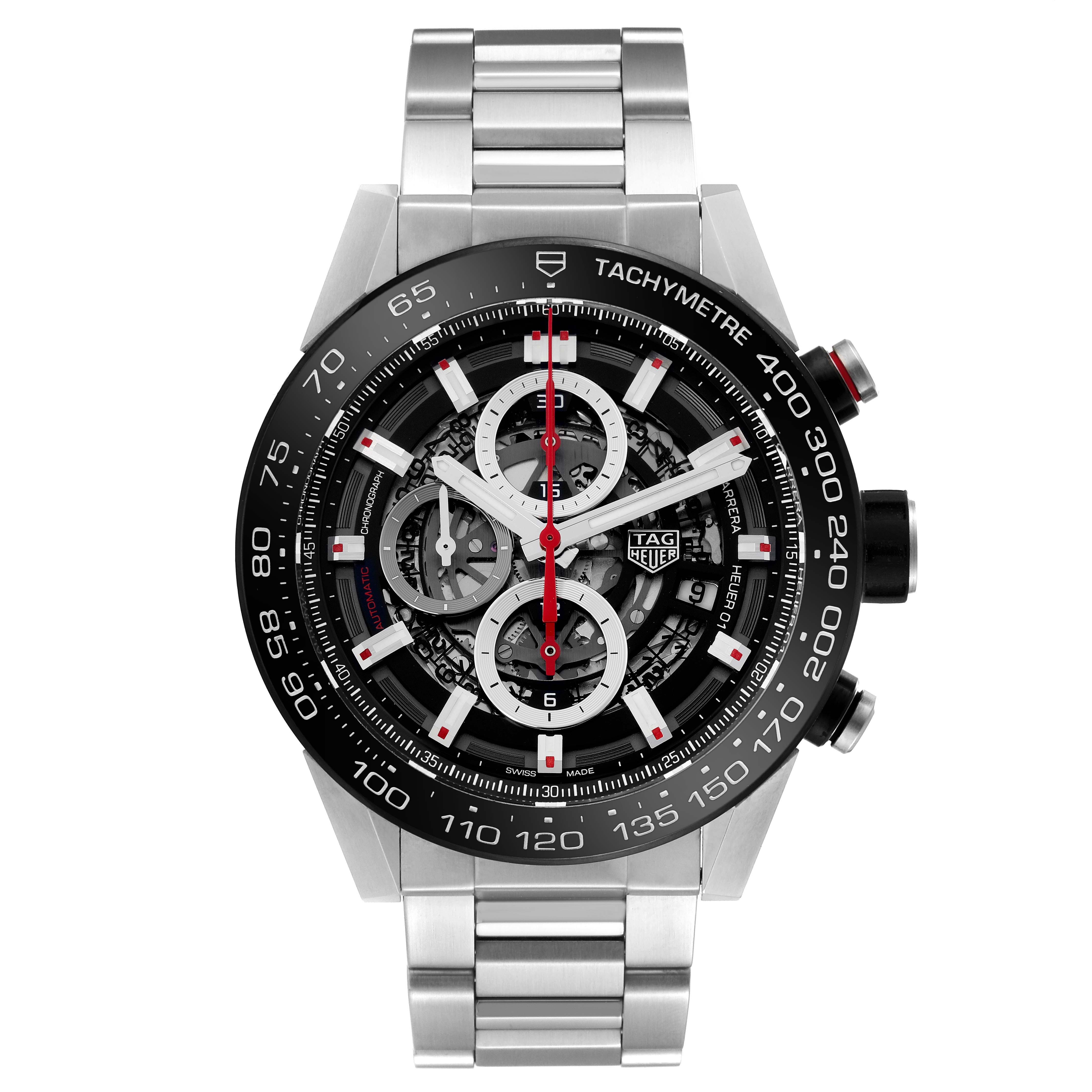 The Tag Heuer Carrera CAR2A1Z.FT6044 Men's Stainless Steel Transparent Dial CAR2A1Z.FT6044 Men's Stainless Steel Transparent Dial watch is shown from a frontal angle, displaying its face, bezel, and bracelet.