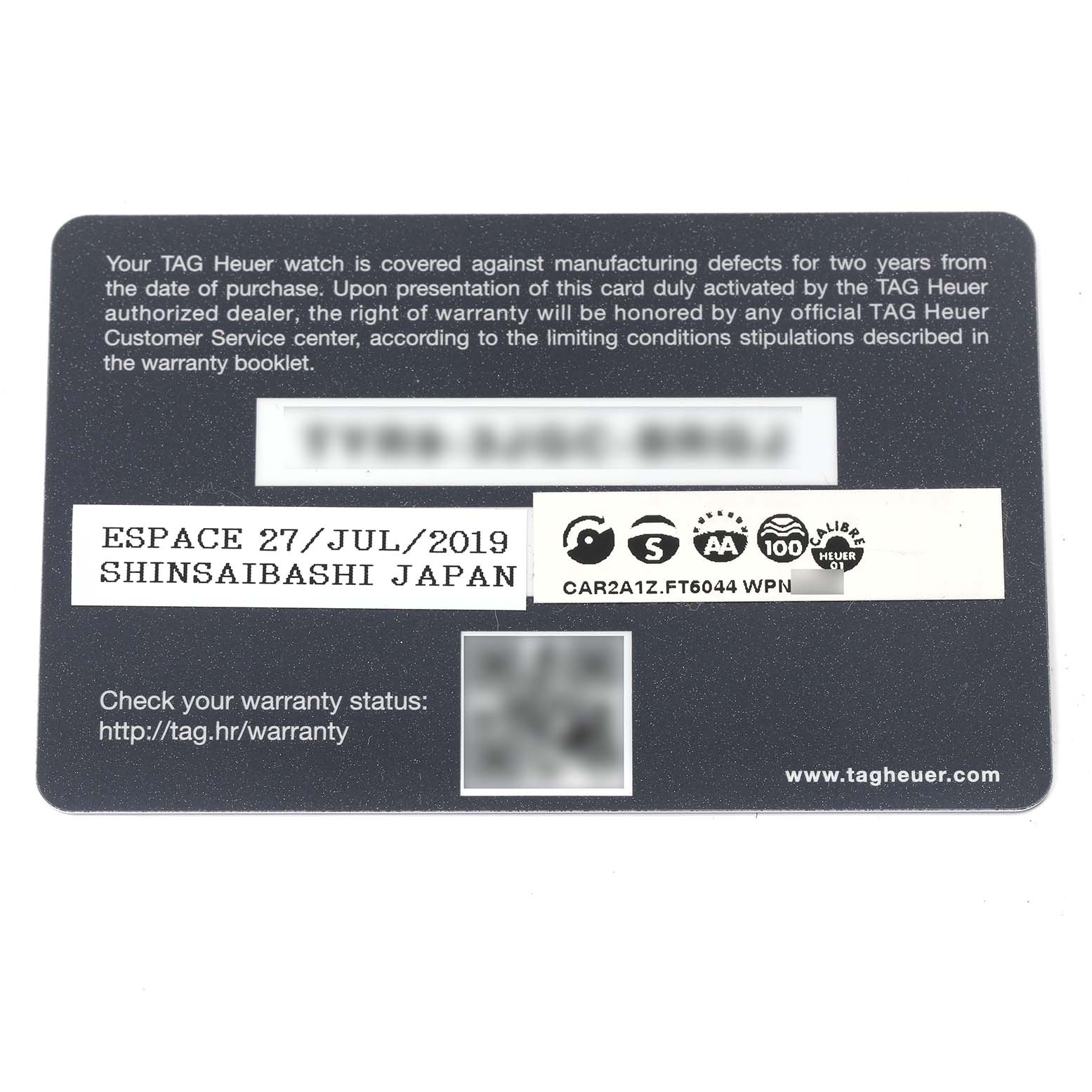 The image shows a warranty card for the Tag Heuer Carrera CAR2A1Z.FT6044 Men's Stainless Steel Transparent Dial CAR2A1Z.FT6044 Men's Stainless Steel Transparent Dial watch, detailing purchase date and location.