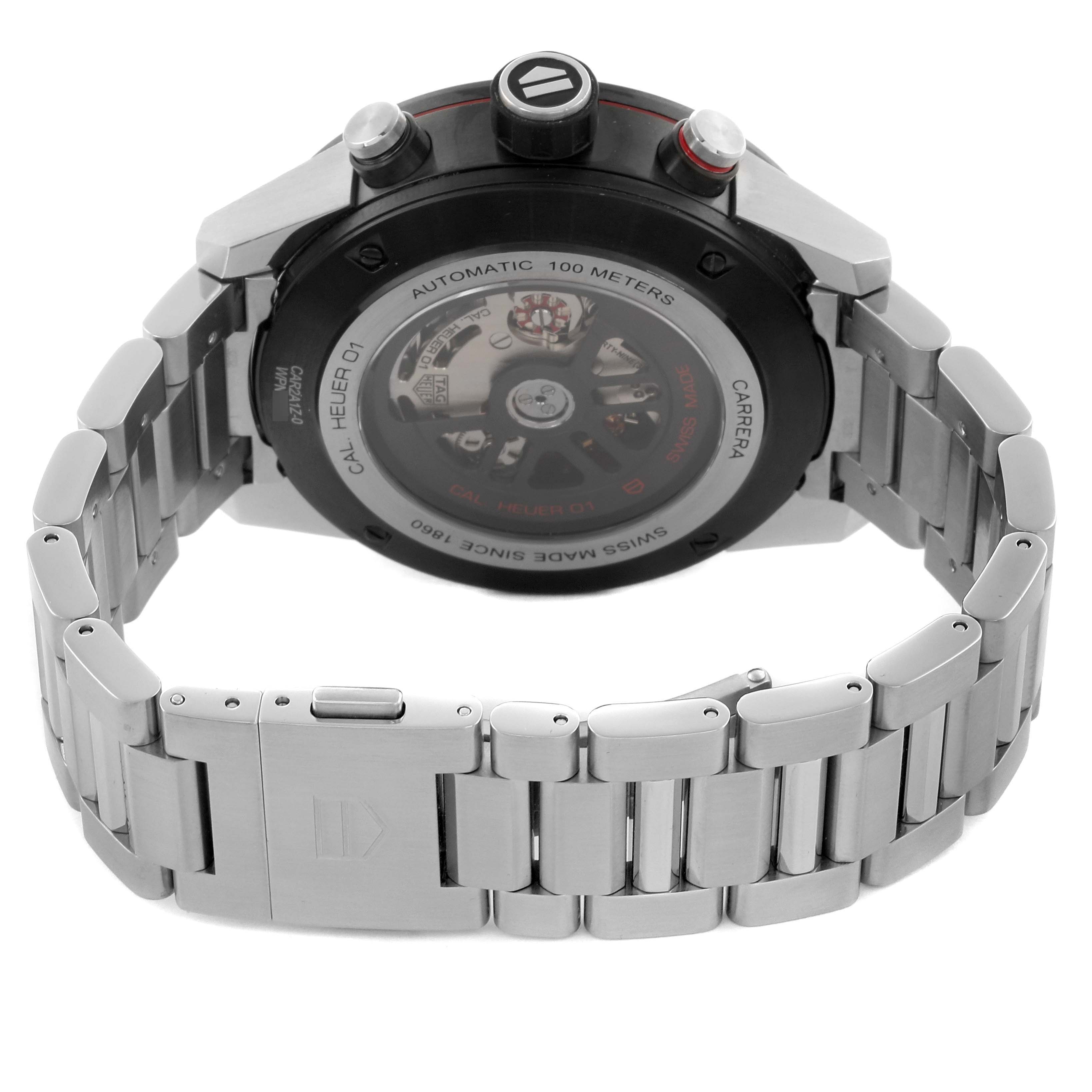 The image shows the back and side of the Tag Heuer Carrera CAR2A1Z.FT6044 Men's Stainless Steel Transparent Dial CAR2A1Z.FT6044 Men's Stainless Steel Transparent Dial watch, displaying its metal bracelet and transparent case back.