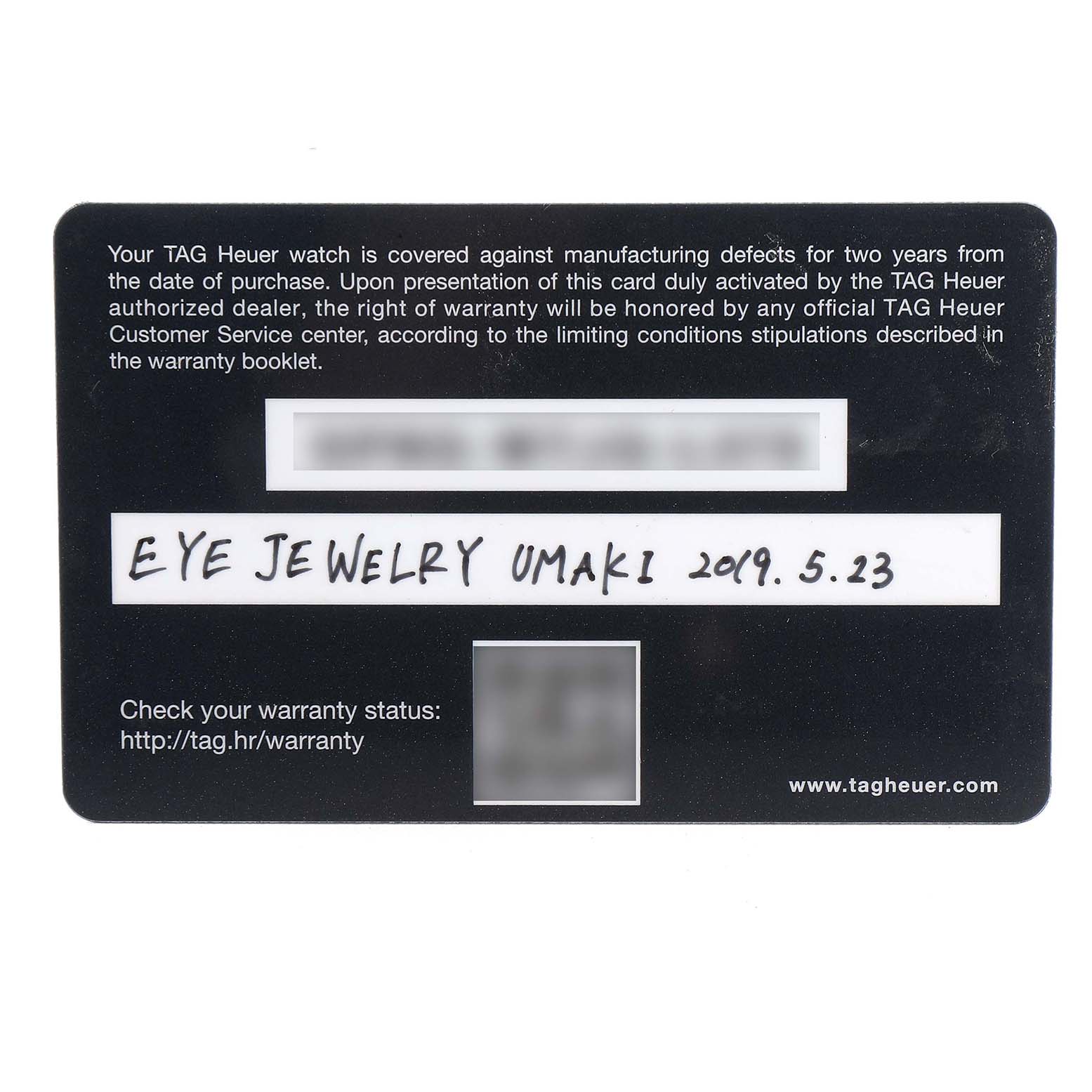The image shows a warranty card for the Tag Heuer Carrera CBG2A1Z Men's Stainless Steel Transparent Dial CBG2A1Z Men's Stainless Steel Transparent Dial model watch.