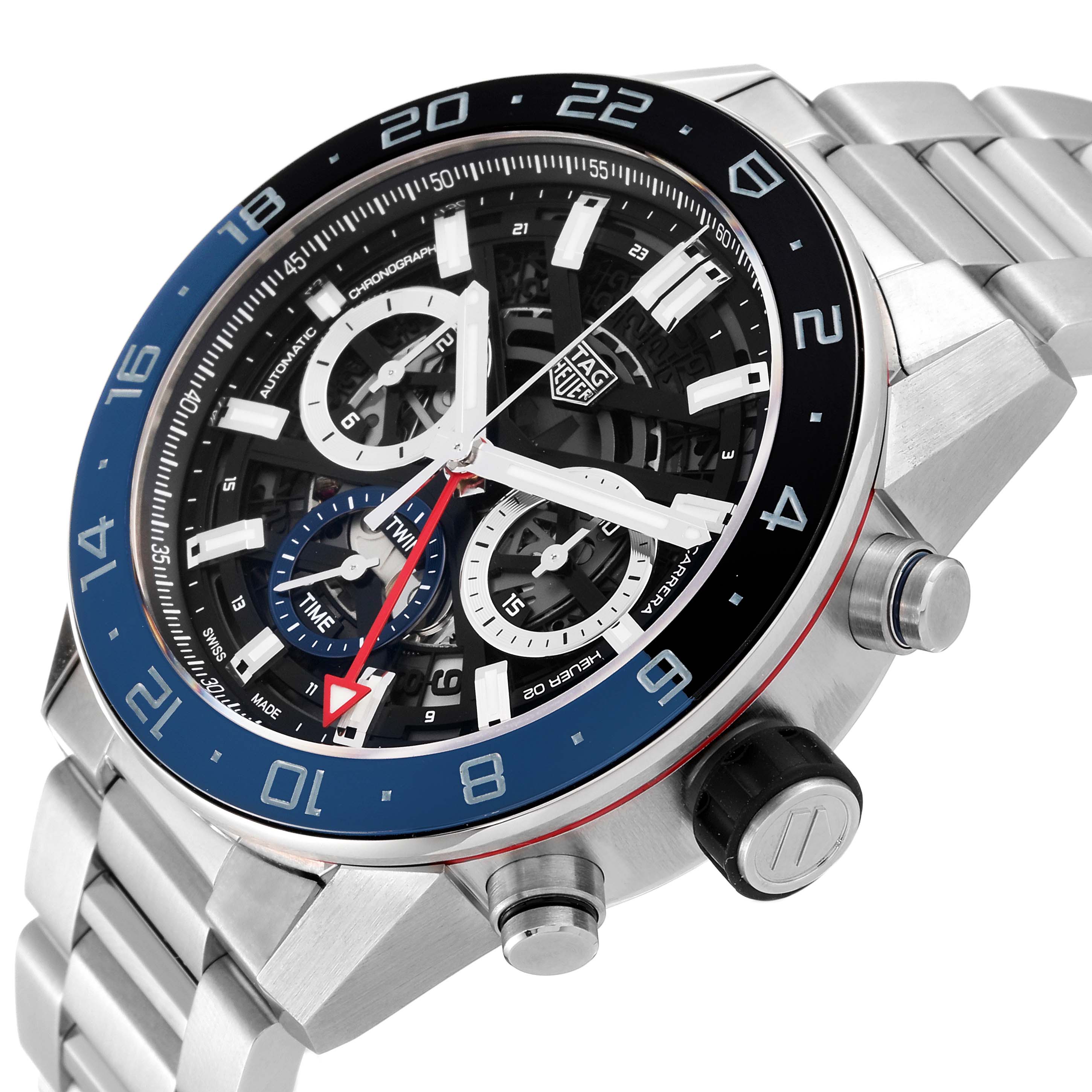 The image shows the face and part of the bracelet of a Tag Heuer Carrera CBG2A1Z Men's Stainless Steel Transparent Dial CBG2A1Z Men's Stainless Steel Transparent Dial model watch at an angled perspective.