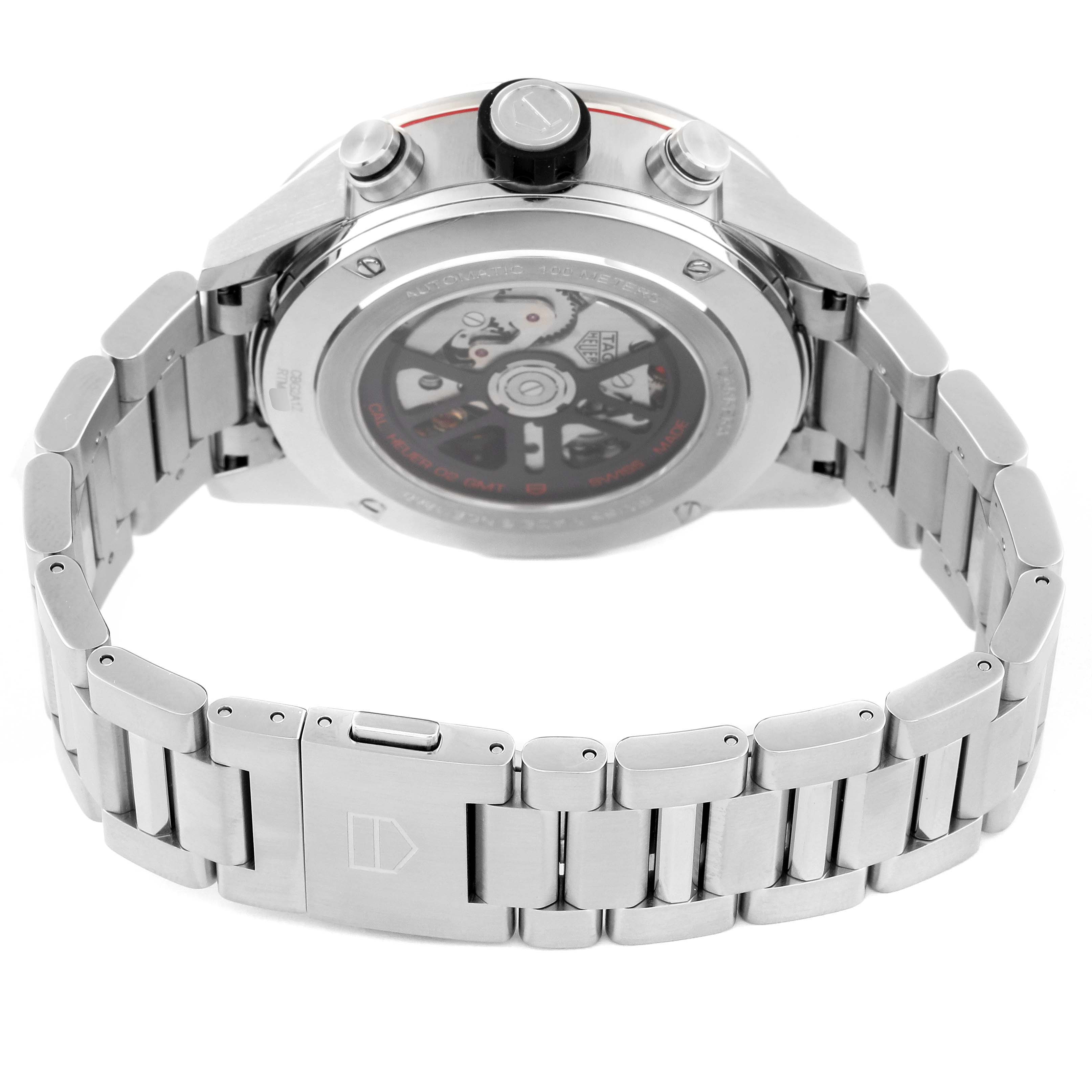 The image shows the rear view of a Tag Heuer Carrera CBG2A1Z Men's Stainless Steel Transparent Dial CBG2A1Z Men's Stainless Steel Transparent Dial watch, highlighting its stainless steel bracelet and open case back.