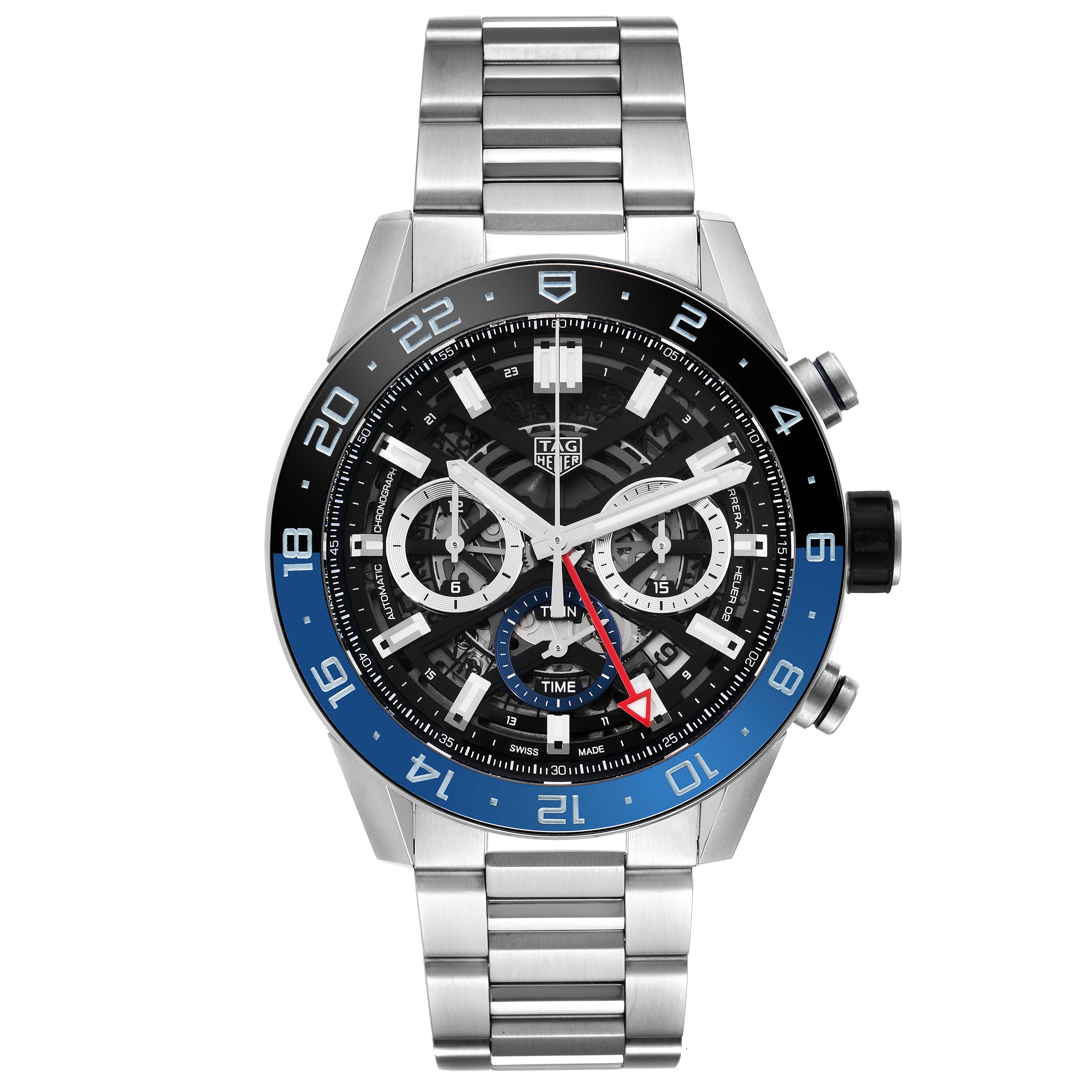 The image shows a front view of the Tag Heuer Carrera CBG2A1Z Men's Stainless Steel Transparent Dial CBG2A1Z Men's Stainless Steel Transparent Dial watch, highlighting its detailed face, bezel, and metal bracelet.