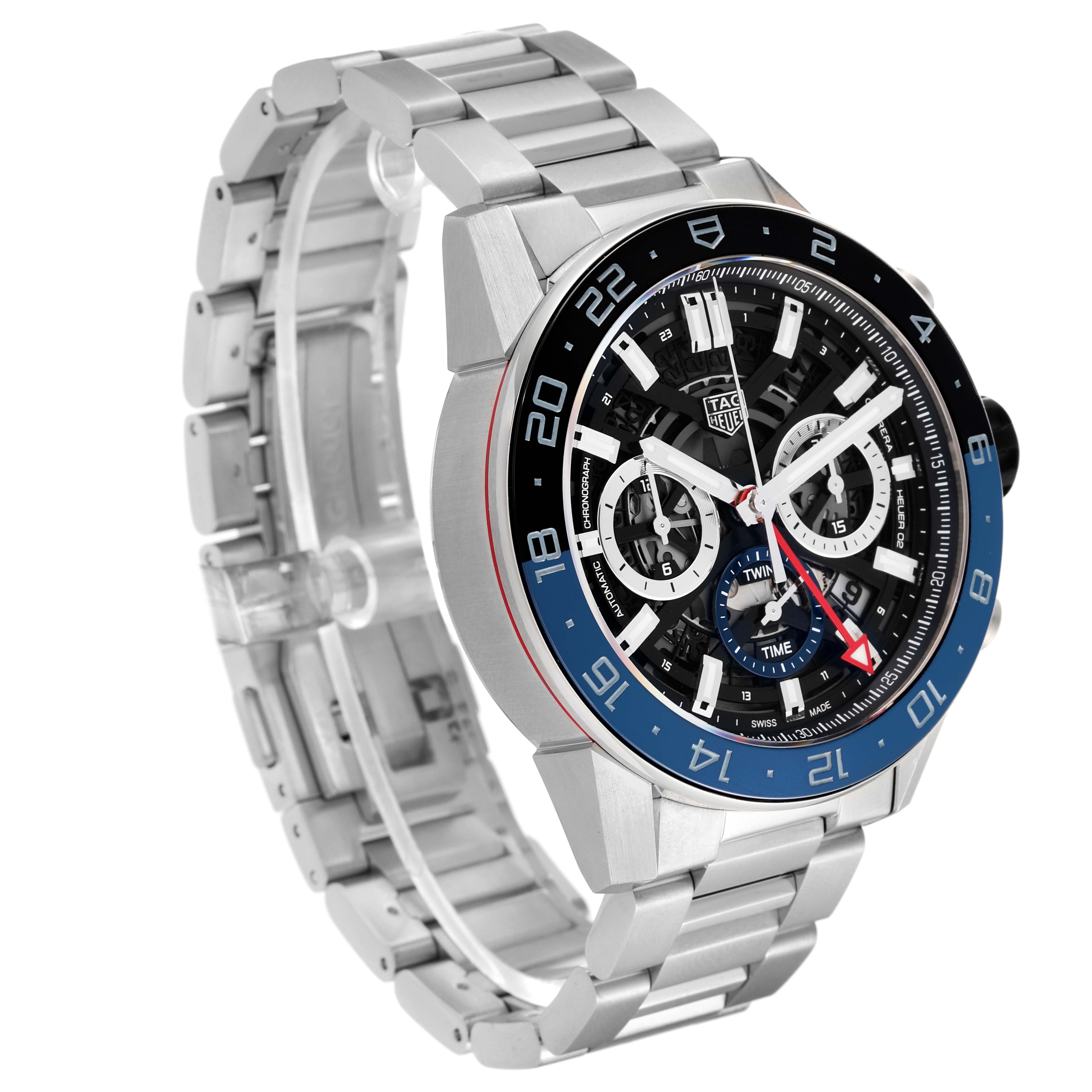 The image shows a side angle of the Tag Heuer Carrera CBG2A1Z Men's Stainless Steel Transparent Dial CBG2A1Z Men's Stainless Steel Transparent Dial watch highlighting its face, bezel, and metal bracelet.