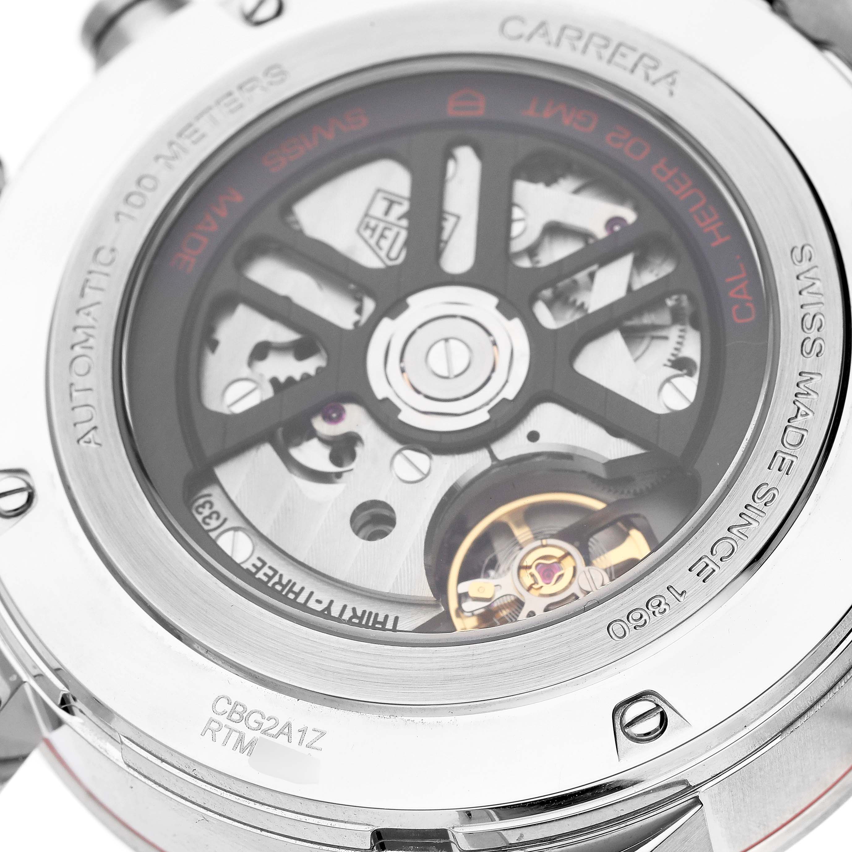 The image shows the back view of a Tag Heuer Carrera CBG2A1Z Men's Stainless Steel Transparent Dial CBG2A1Z Men's Stainless Steel Transparent Dial watch, highlighting the automatic movement and internal mechanics.