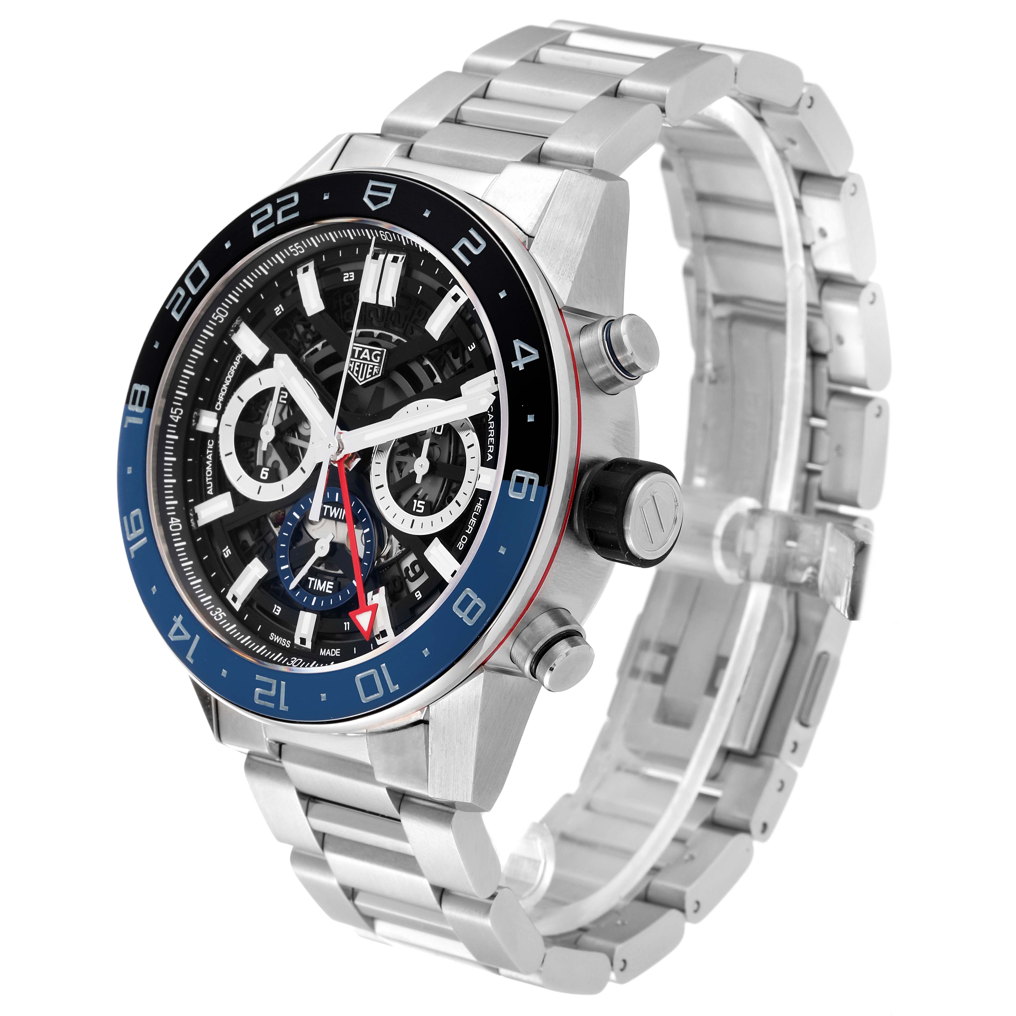 The image shows a side and angled view of the Tag Heuer Carrera CBG2A1Z Men's Stainless Steel Transparent Dial CBG2A1Z Men's Stainless Steel Transparent Dial watch, featuring its bezel, dial, crown, and bracelet.