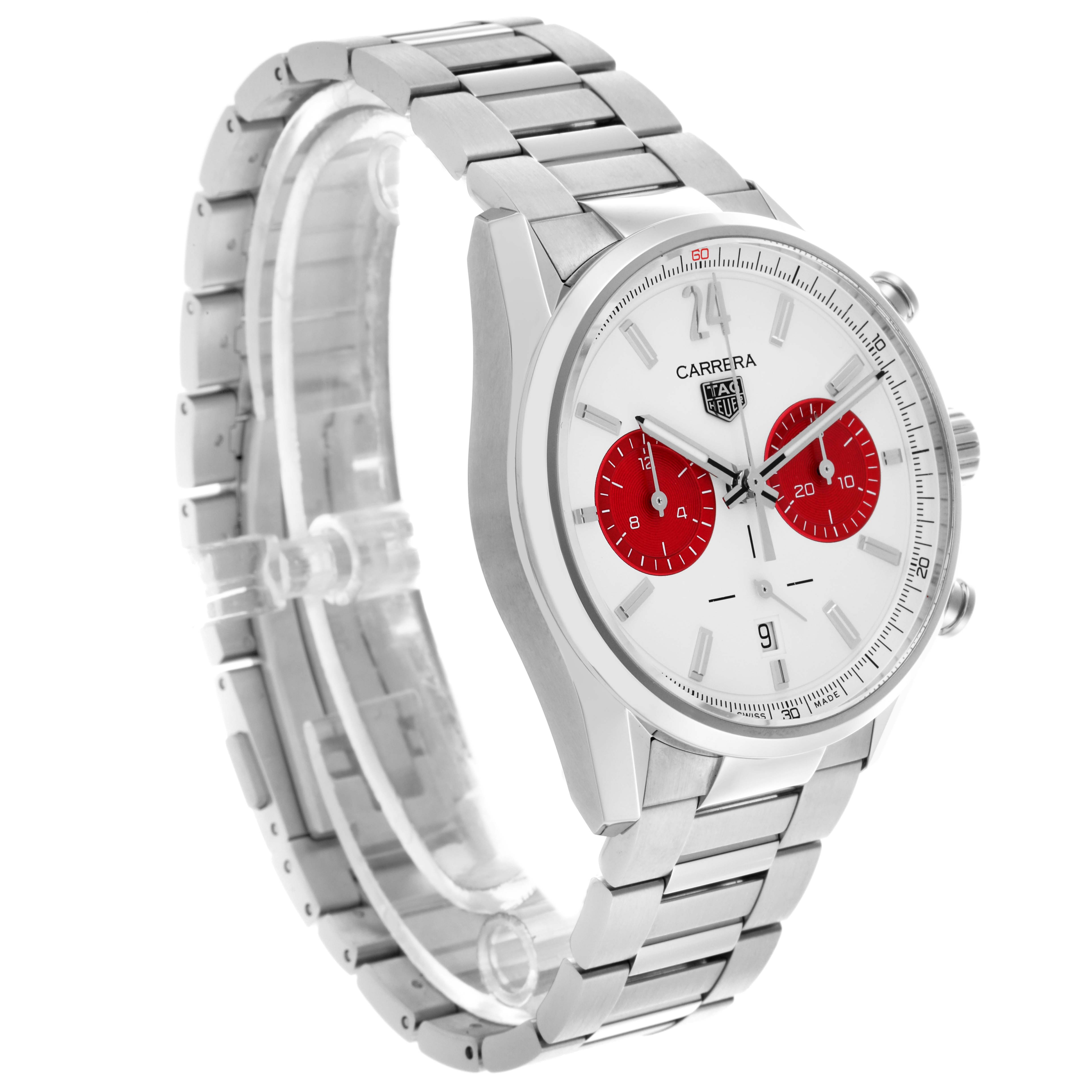 The Tag Heuer Carrera CBN201M.EA0016 Men's Stainless Steel White Dial CBN201M.EA0016 Men's Stainless Steel White Dial watch is shown at a three-quarter angle, highlighting the face, bezel, case, and bracelet.