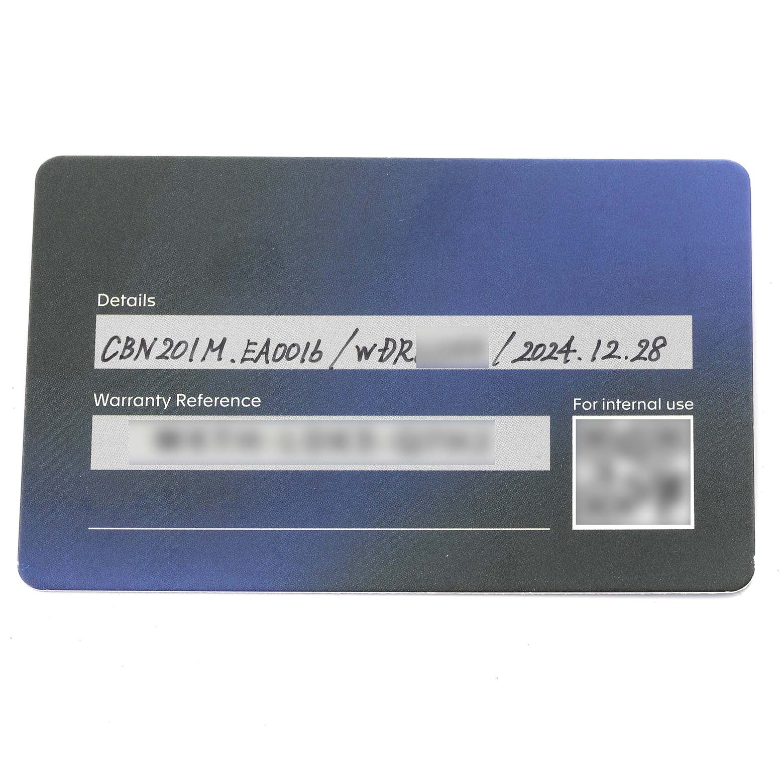 This image shows a warranty card for the Tag Heuer Carrera CBN201M.EA0016 Men's Stainless Steel White Dial CBN201M.EA0016 Men's Stainless Steel White Dial model.