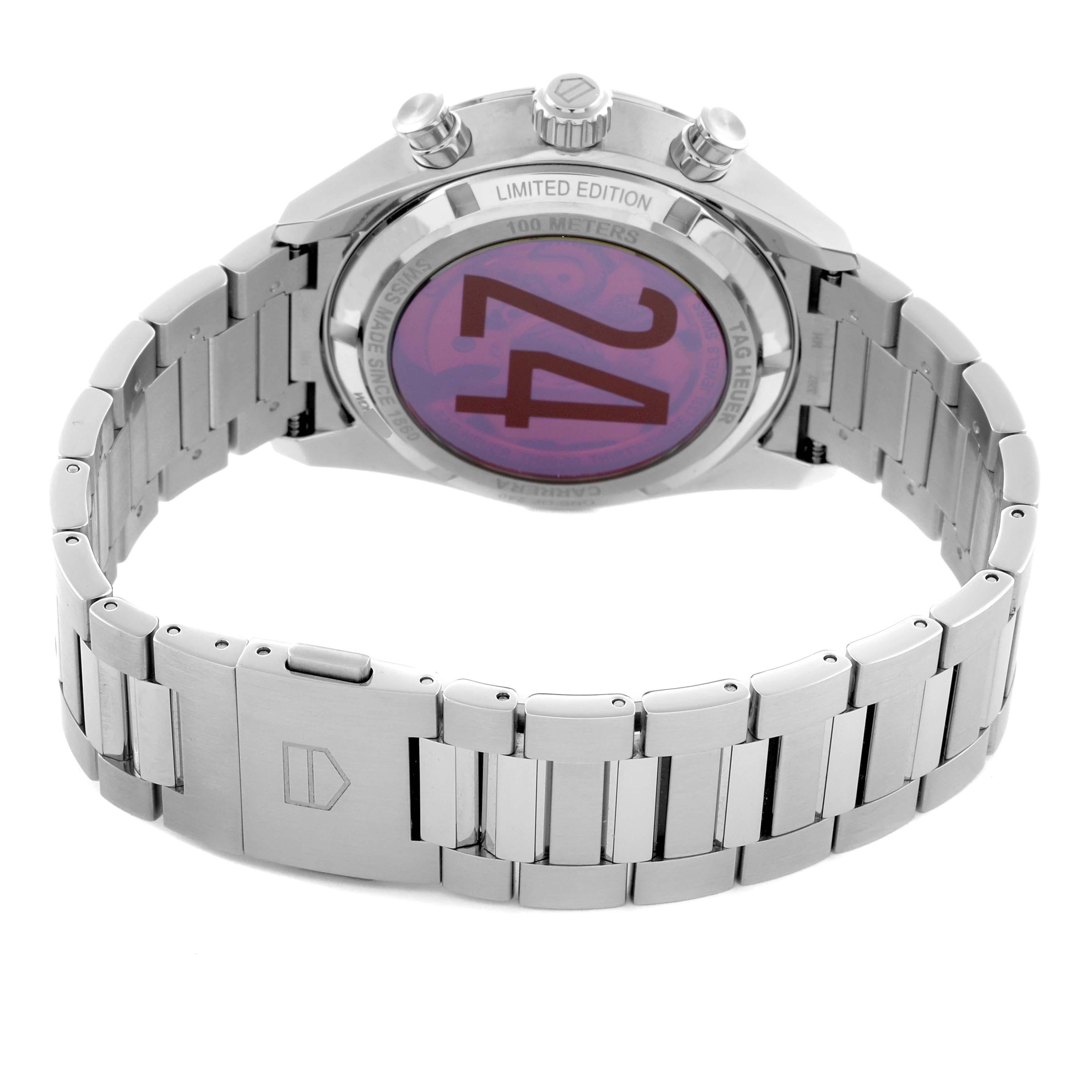 The image shows the back and bracelet of the Tag Heuer Carrera CBN201M.EA0016 Men's Stainless Steel White Dial CBN201M.EA0016 Men's Stainless Steel White Dial watch, including the limited edition case back and clasp.