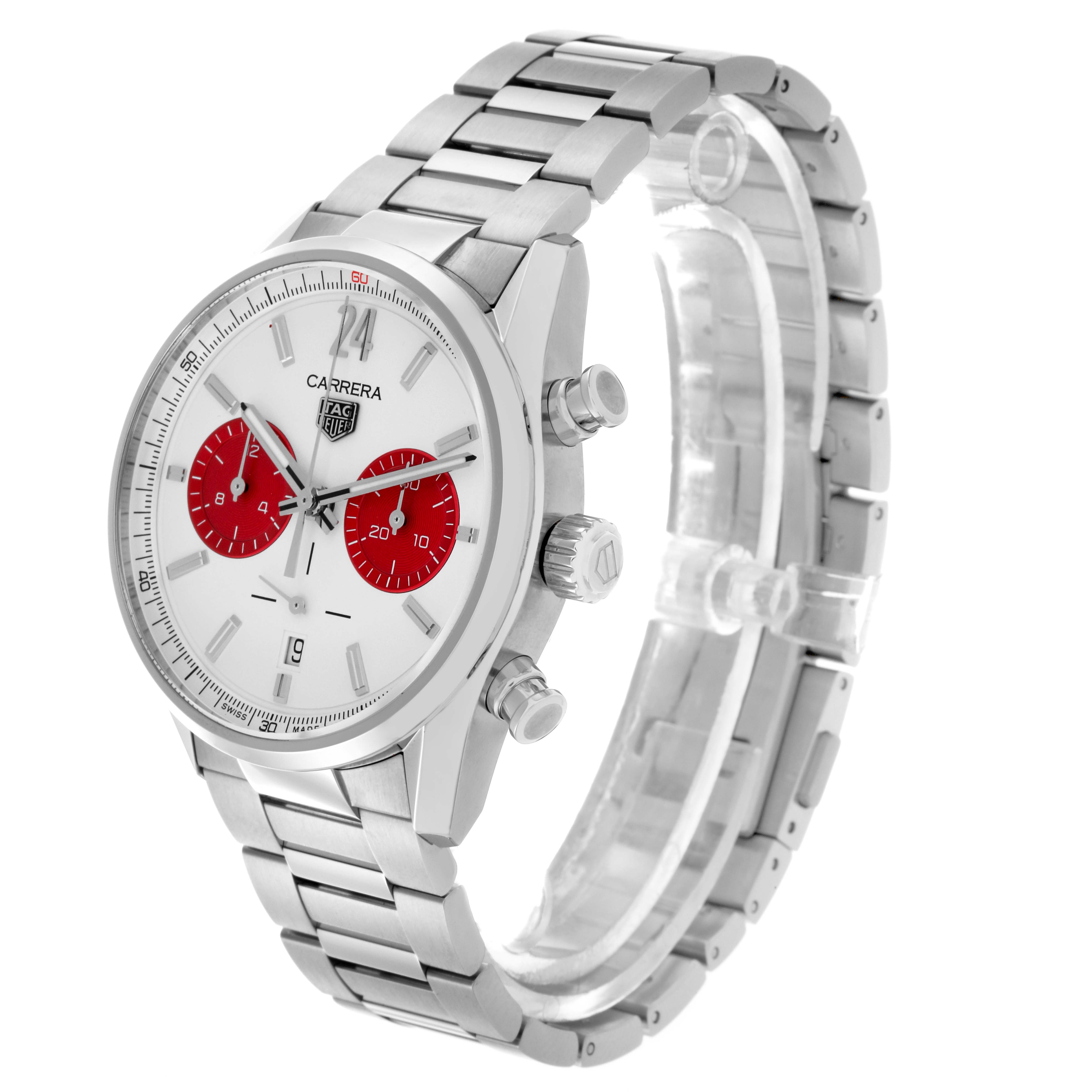 The Tag Heuer Carrera CBN201M.EA0016 Men's Stainless Steel White Dial CBN201M.EA0016 Men's Stainless Steel White Dial watch is shown at a three-quarter angle, displaying the face, crown, pushers, and bracelet.