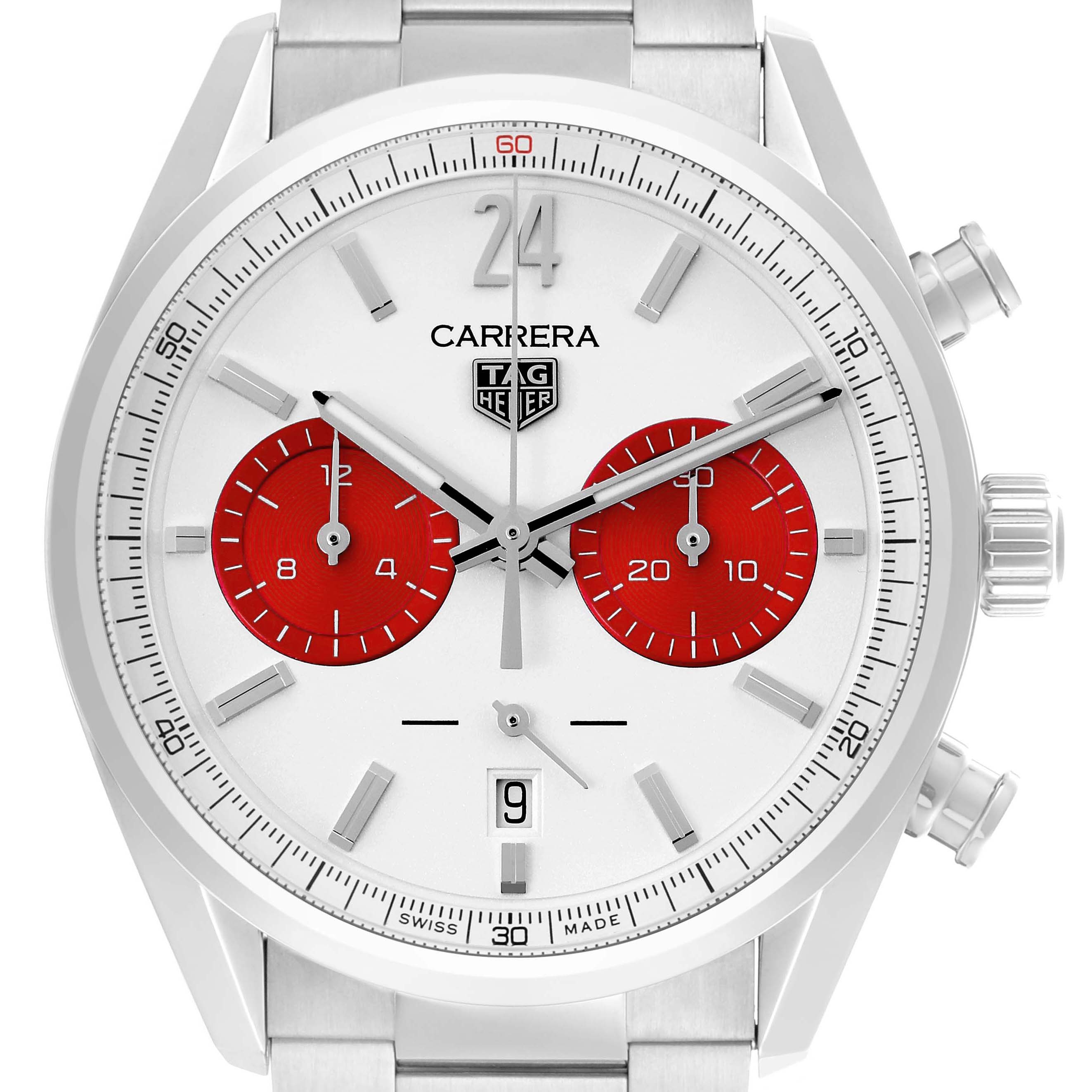 The Tag Heuer Carrera CBN201M.EA0016 Men's Stainless Steel White Dial CBN201M.EA0016 Men's Stainless Steel White Dial watch is shown from a front angle, displaying its face, crown, and push buttons.
