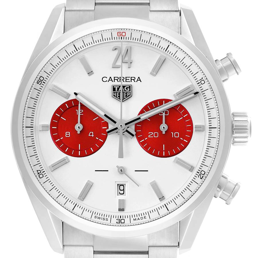 The Tag Heuer Carrera watch is shown from a front angle, displaying its face, crown, and push buttons.