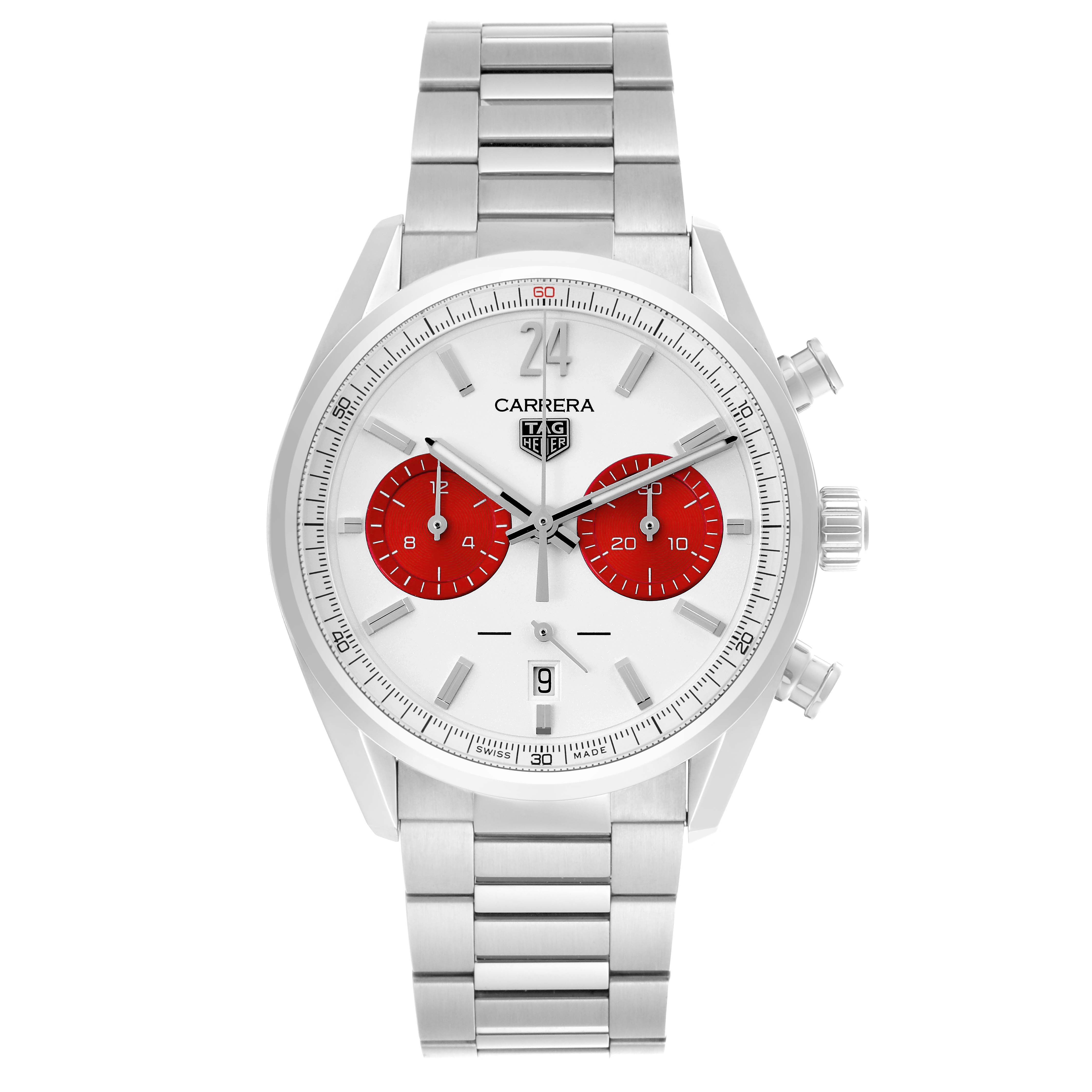 The Tag Heuer Carrera CBN201M.EA0016 Men's Stainless Steel White Dial CBN201M.EA0016 Men's Stainless Steel White Dial watch is shown from a front angle, displaying its face, strap, and side pushers.
