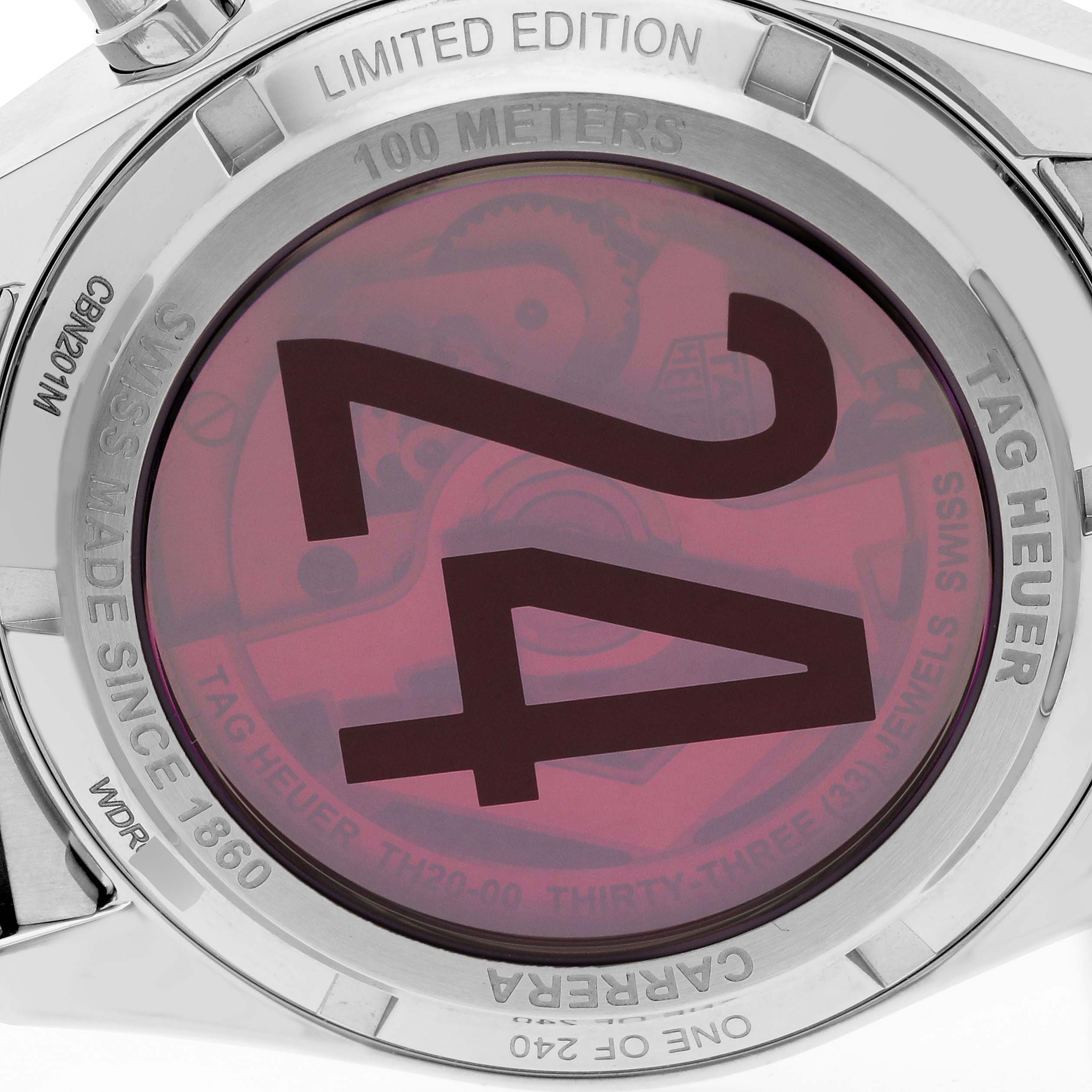 The image shows the back case of the Tag Heuer Carrera CBN201M.EA0016 Men's Stainless Steel White Dial CBN201M.EA0016 Men's Stainless Steel White Dial watch, featuring limited edition markings and visible inner mechanisms.