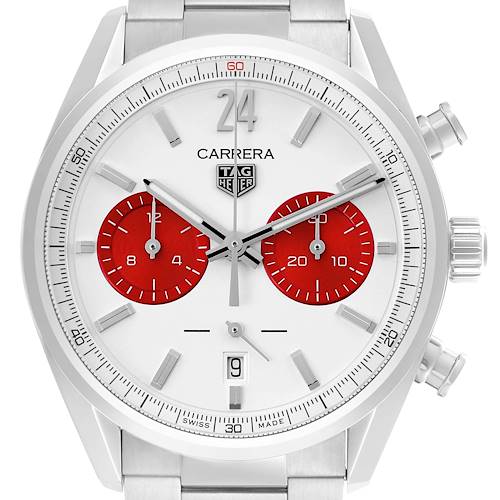 The Tag Heuer Carrera watch is shown from a front angle, highlighting the dial, subdials, hands, and part of the bracelet.