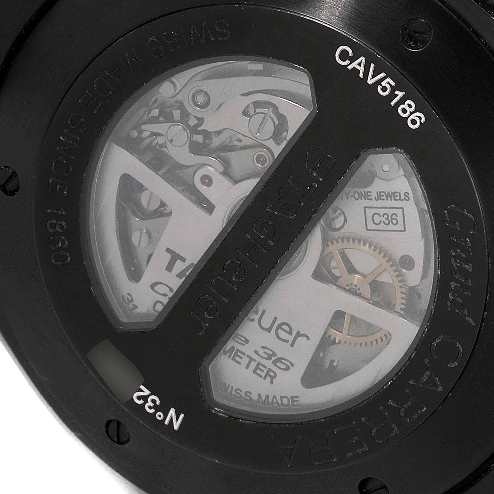 The image shows the back view of the Tag Heuer Carrera CAV5186.FC6304 Men's Titanium Black Dial CAV5186.FC6304 Men's Titanium Black Dial model watch, highlighting its internal mechanics and movement.