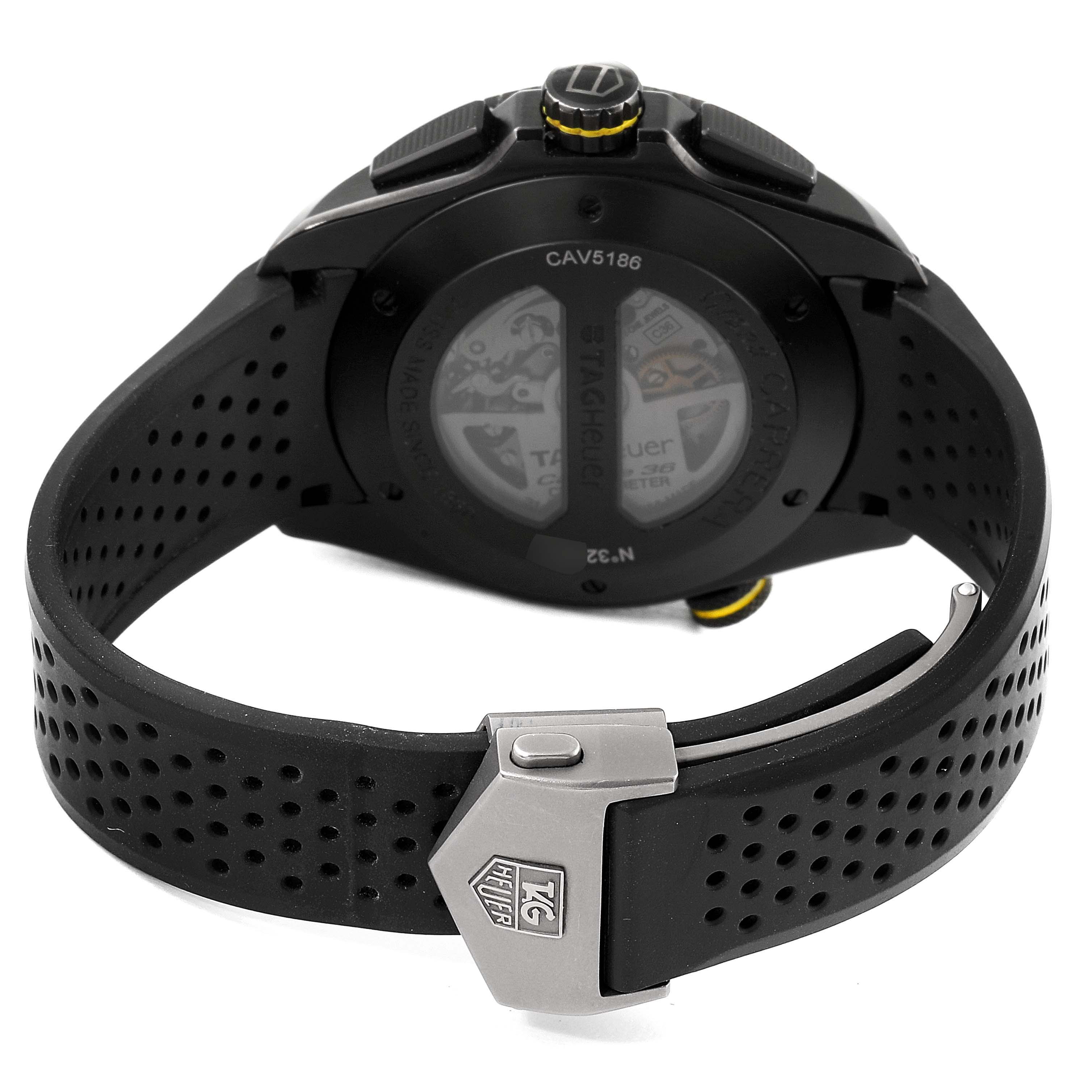 The image displays the back view of the Tag Heuer Carrera CAV5186.FC6304 Men's Titanium Black Dial CAV5186.FC6304 Men's Titanium Black Dial watch, showcasing its strap and clasp.