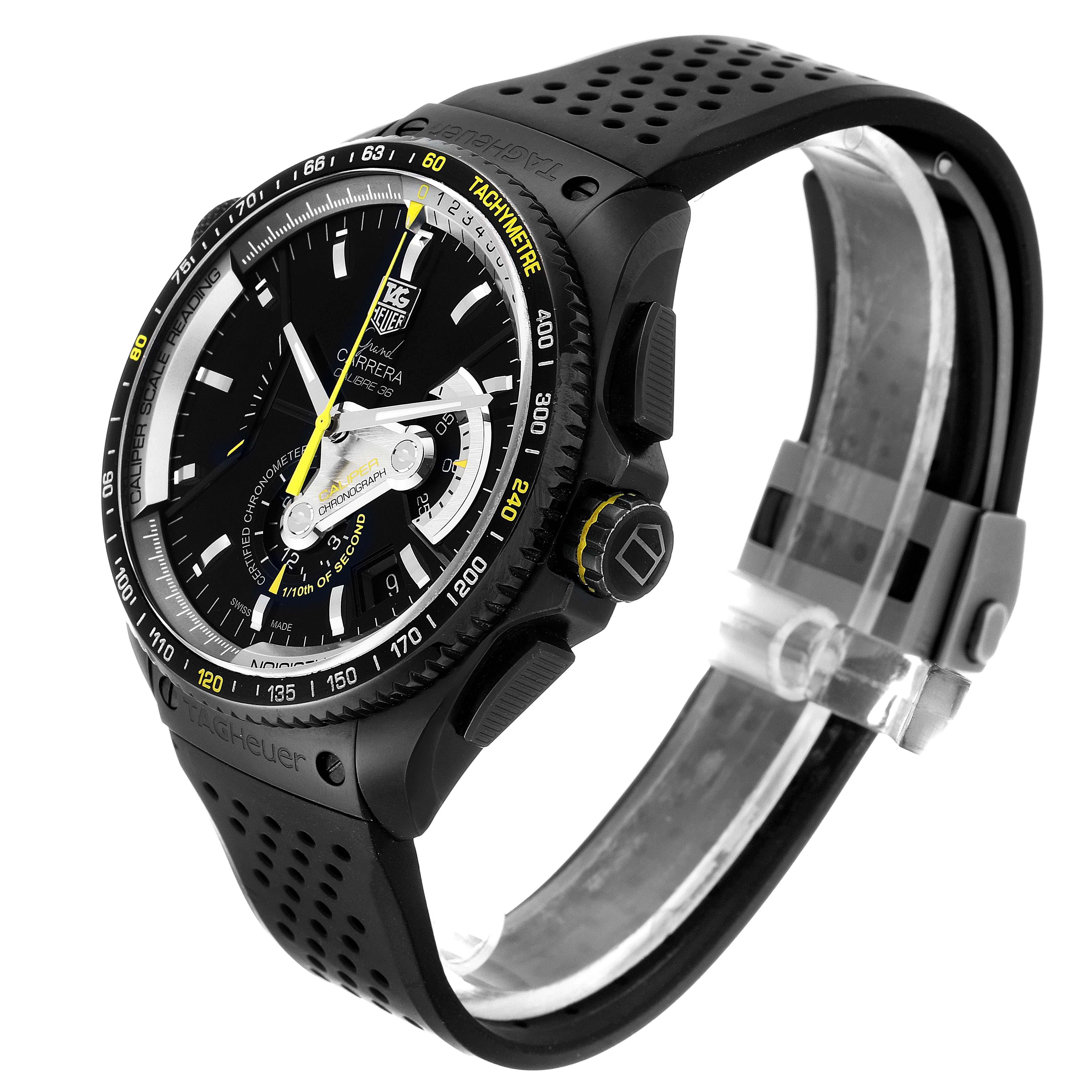 This image shows a Tag Heuer Carrera CAV5186.FC6304 Men's Titanium Black Dial CAV5186.FC6304 Men's Titanium Black Dial watch from a three-quarter angle, displaying the face, bezel, pushers, and part of the strap.