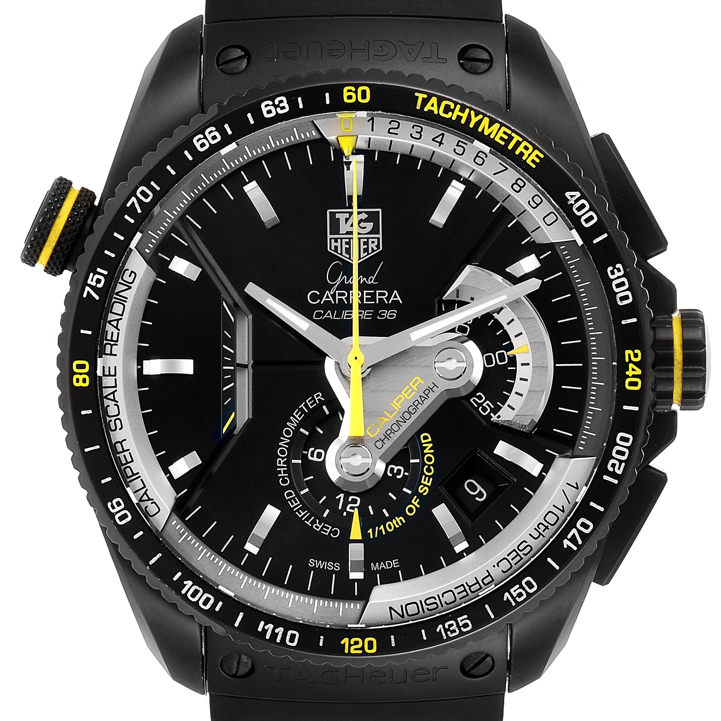 The image shows a front view of the Tag Heuer Carrera CAV5186.FC6304 Men's Titanium Black Dial CAV5186.FC6304 Men's Titanium Black Dial Calibre 36 watch, highlighting the dial, hands, and tachymeter scale.