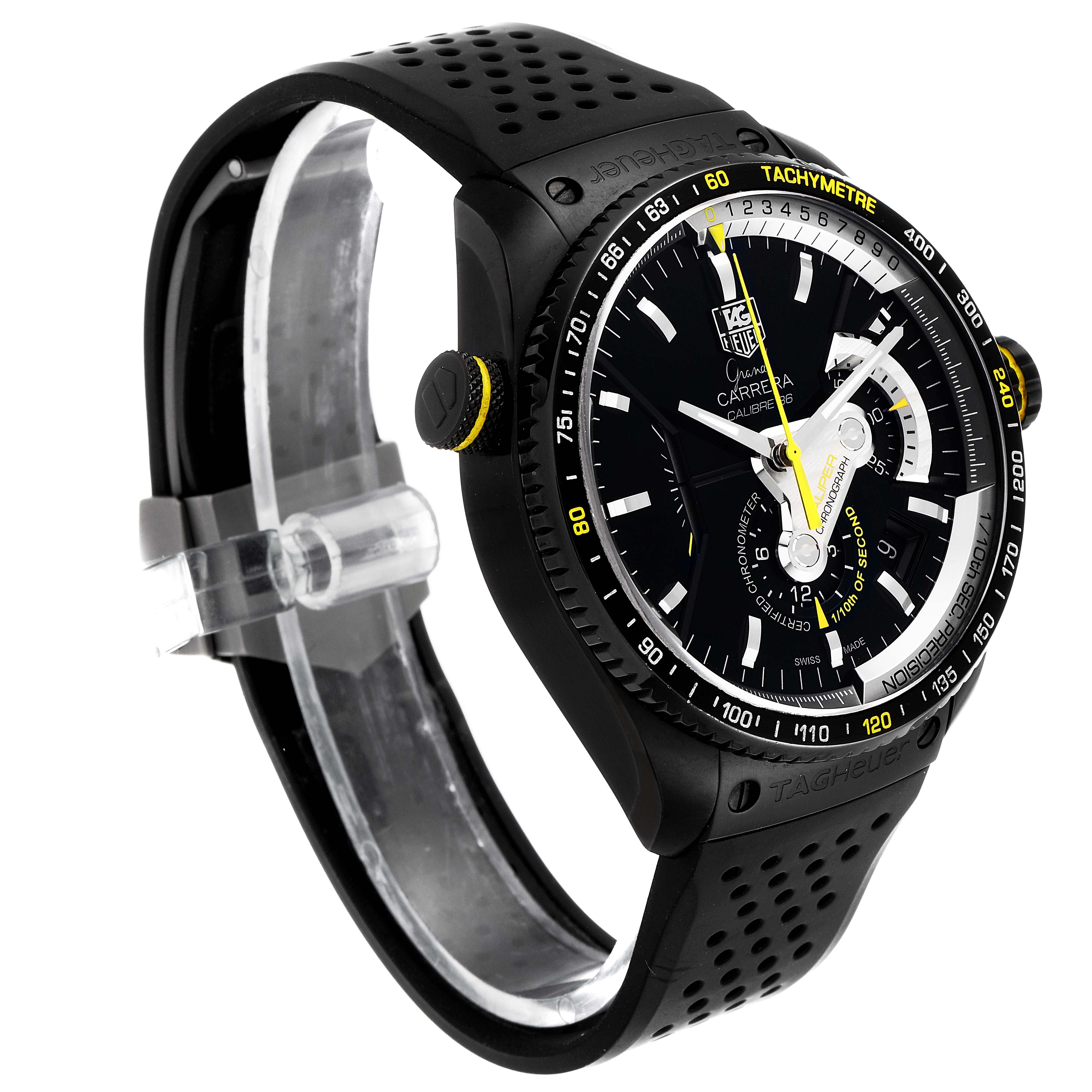 The image shows a side angle of a Tag Heuer Carrera CAV5186.FC6304 Men's Titanium Black Dial CAV5186.FC6304 Men's Titanium Black Dial watch featuring its black dial, perforated strap, and tachymeter bezel.