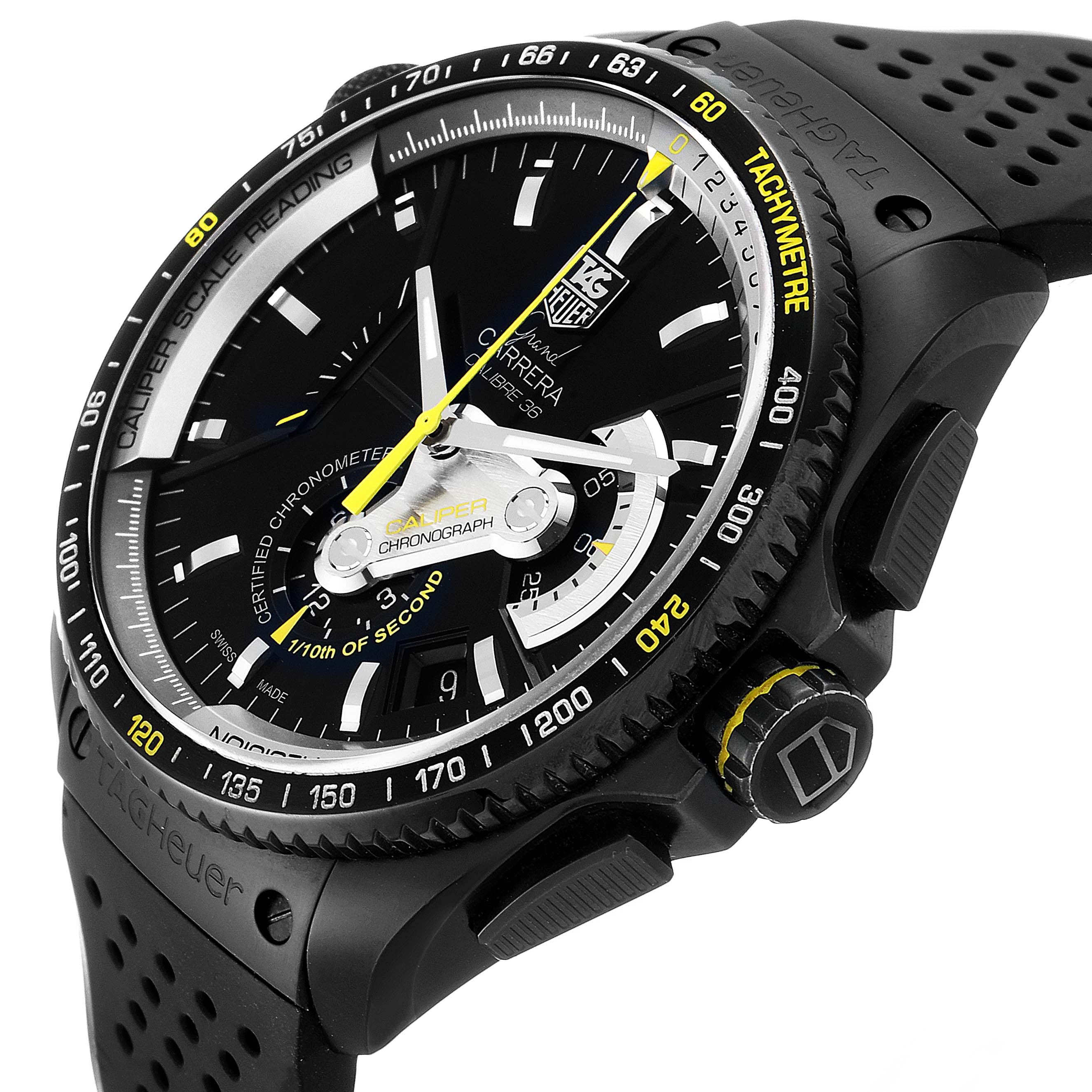 The image shows a close-up of the Tag Heuer Carrera CAV5186.FC6304 Men's Titanium Black Dial CAV5186.FC6304 Men's Titanium Black Dial watch face, crown, and band at an angled front-left view.