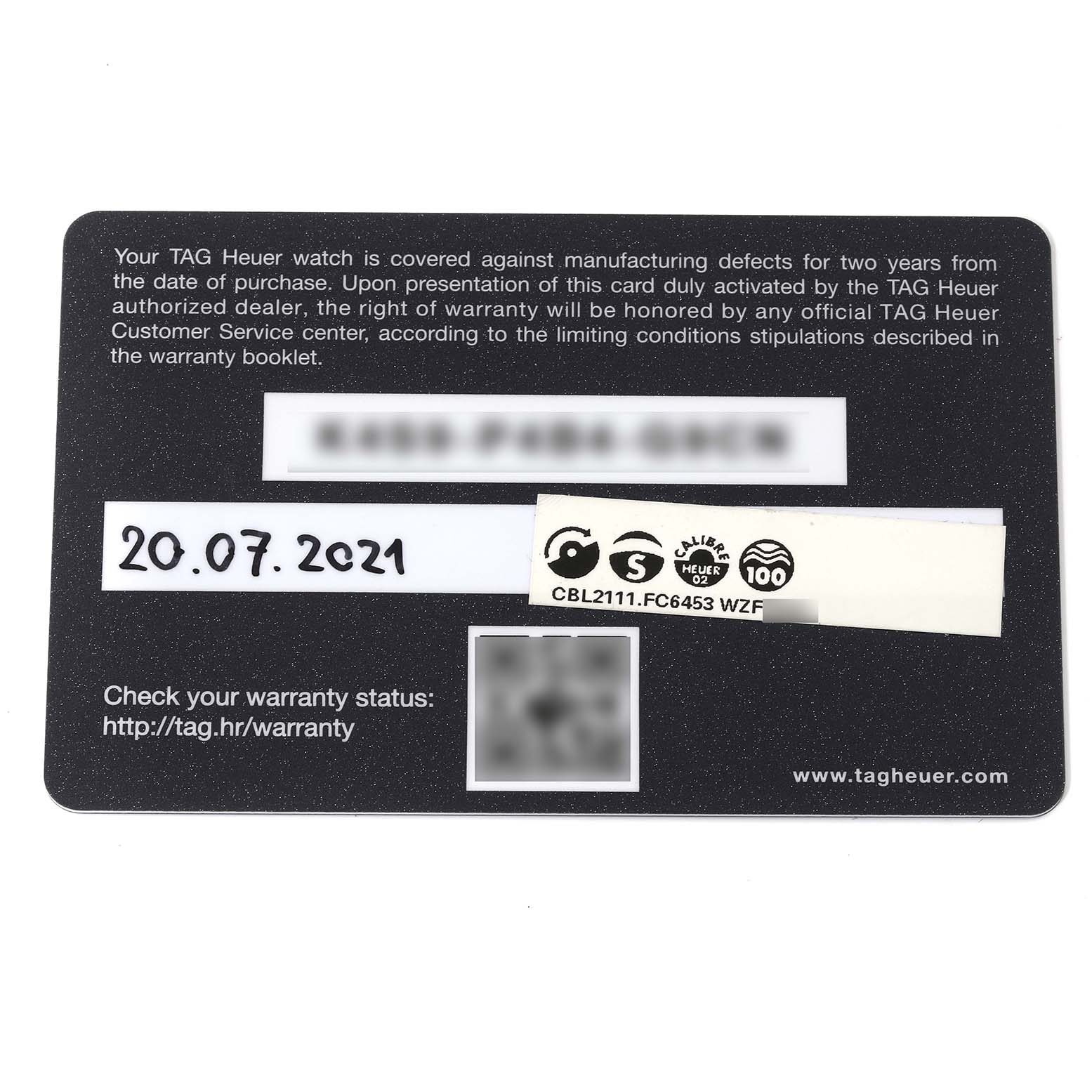 This image shows a warranty card for the Tag Heuer Monaco CBL2111.FC6453 Men's Stainless Steel Blue Dial CBL2111.FC6453 Men's Stainless Steel Blue Dial model watch.