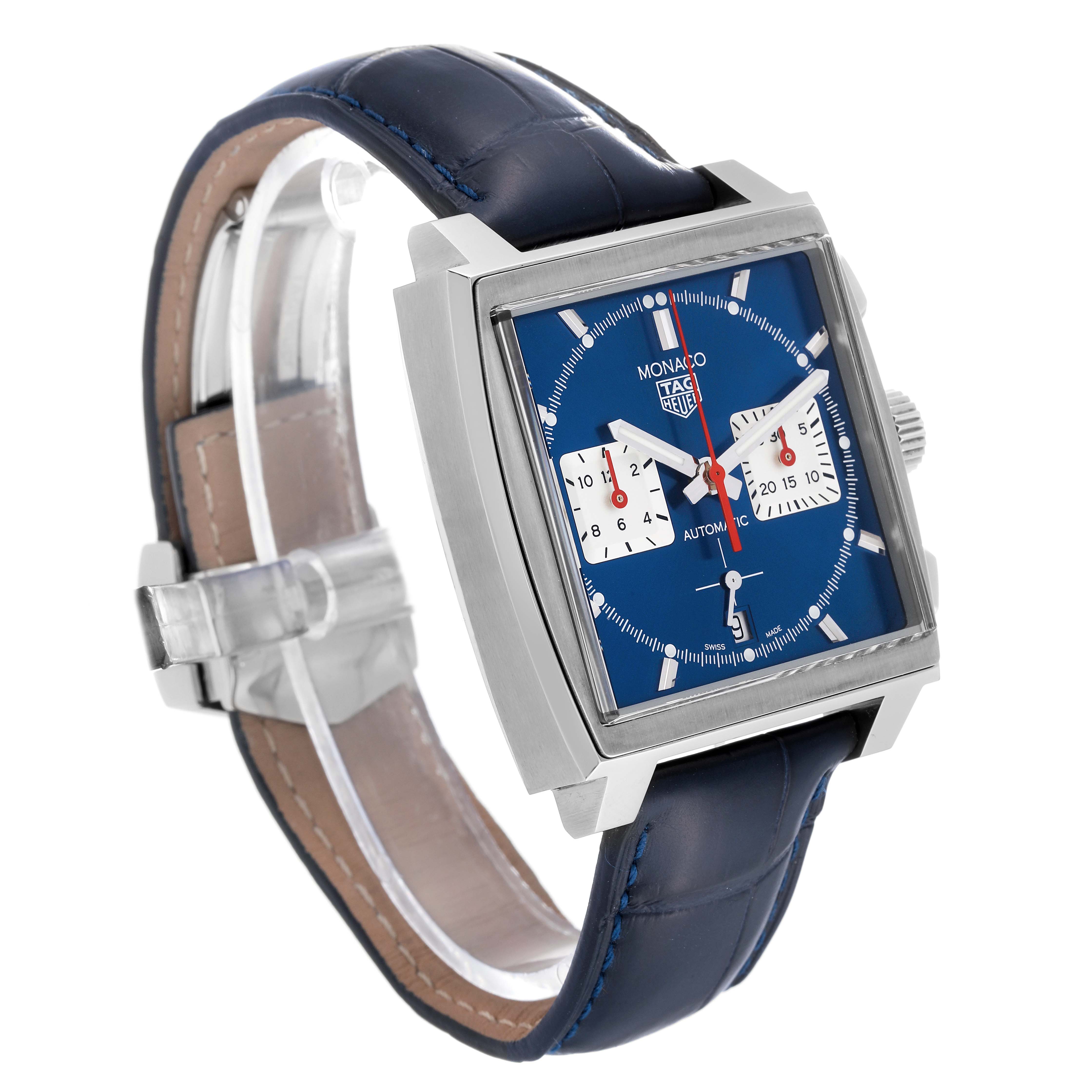 The image shows a side and front view of the Tag Heuer Monaco CBL2111.FC6453 Men's Stainless Steel Blue Dial CBL2111.FC6453 Men's Stainless Steel Blue Dial watch, highlighting its blue dial and square case.