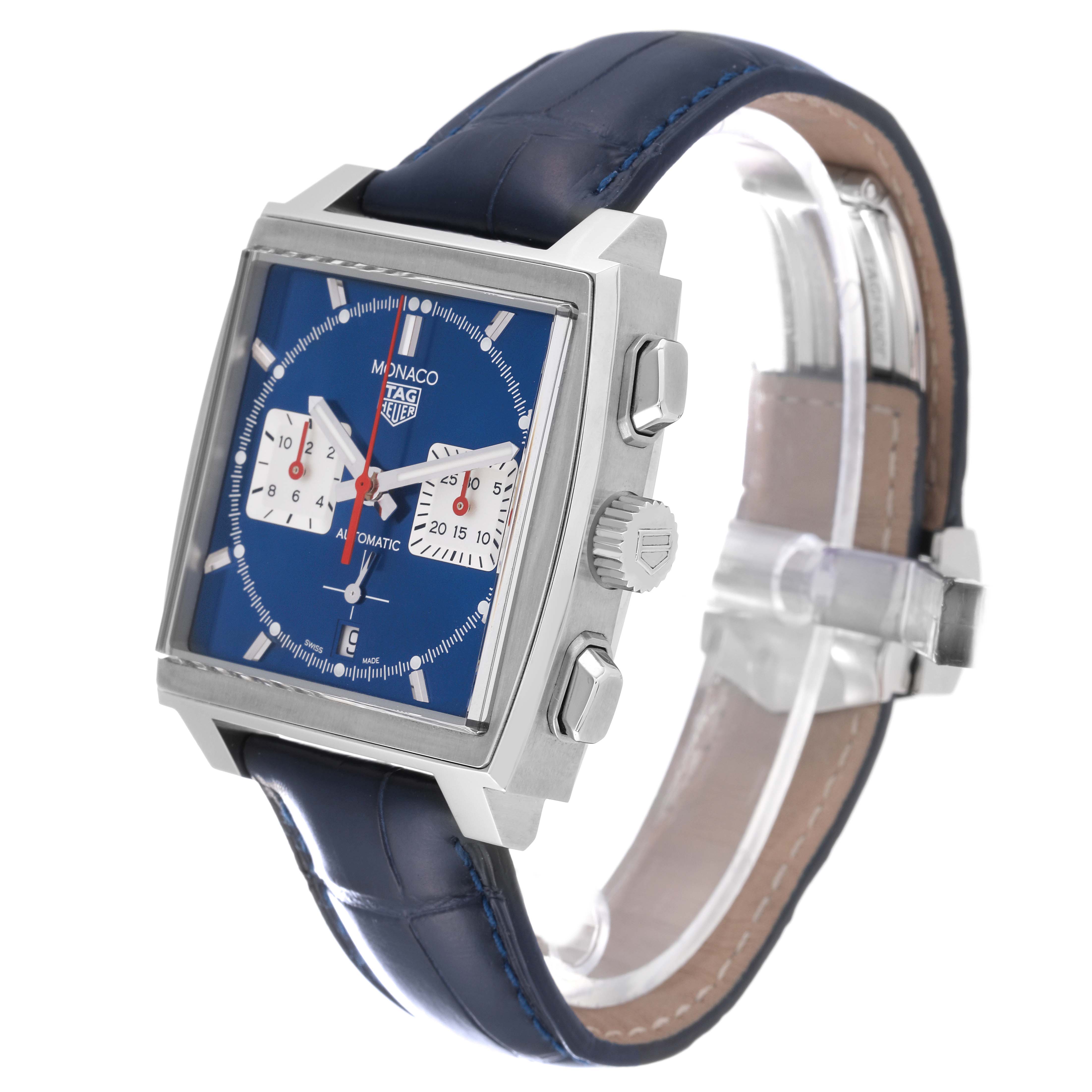 The image shows a Tag Heuer Monaco CBL2111.FC6453 Men's Stainless Steel Blue Dial CBL2111.FC6453 Men's Stainless Steel Blue Dial watch at a three-quarter angle, highlighting its square case, blue dial, and two subdials with a blue leather strap.