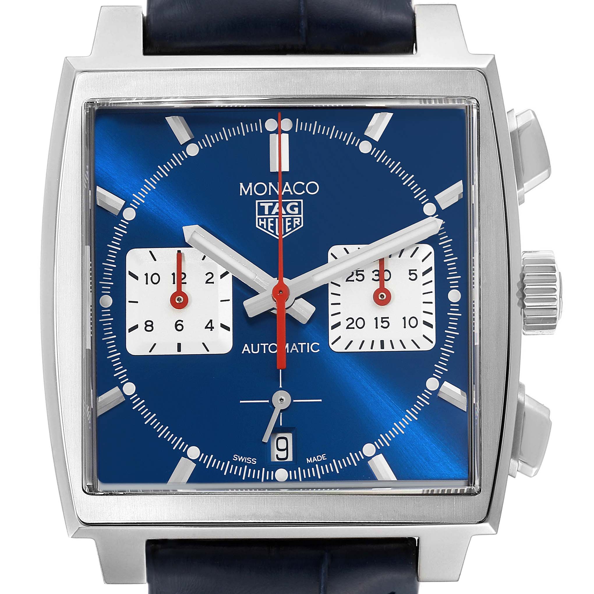 The image shows a front view of the Tag Heuer Monaco CBL2111.FC6453 Men's Stainless Steel Blue Dial CBL2111.FC6453 Men's Stainless Steel Blue Dial watch with a blue dial and two subdials.