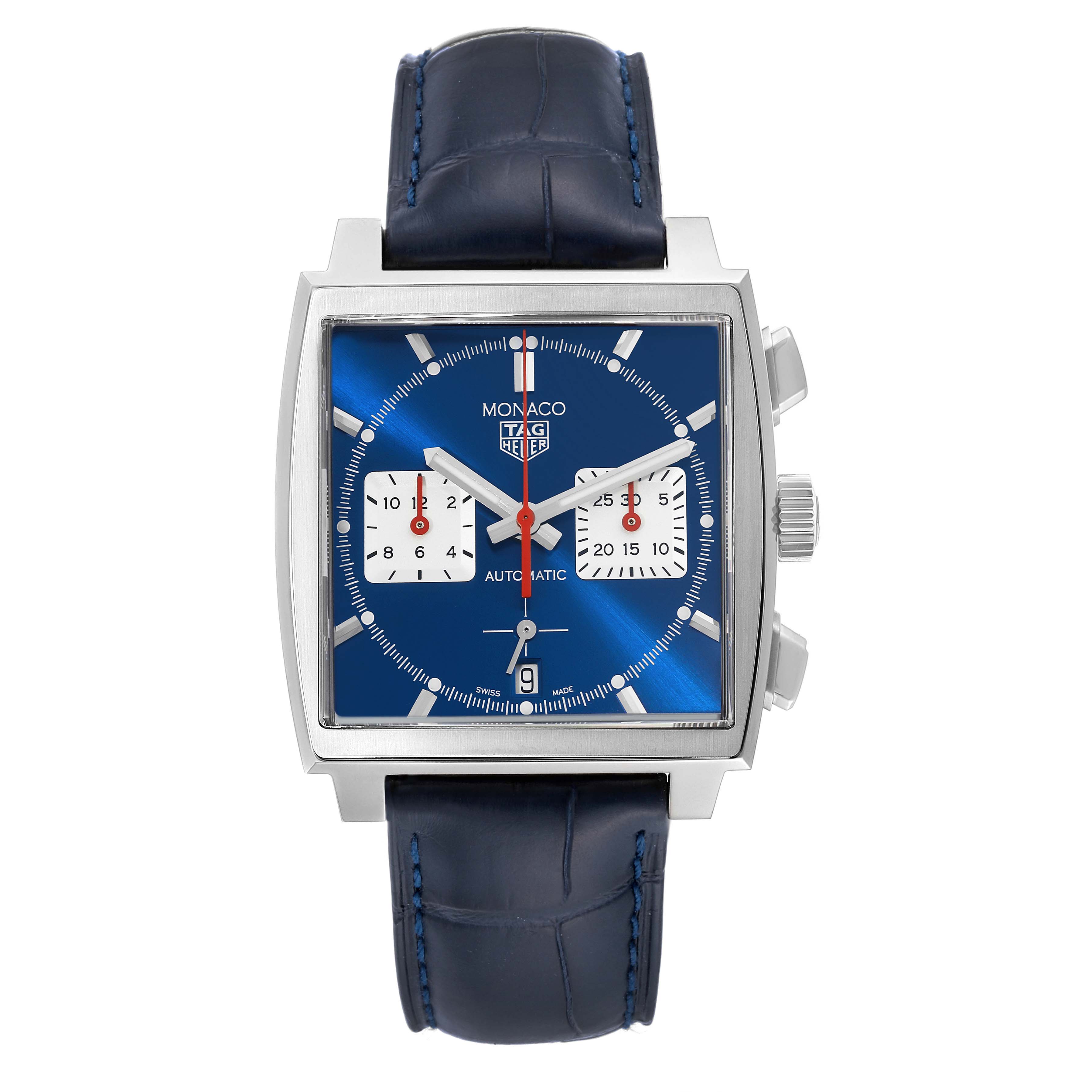 The image shows a front view of the Tag Heuer Monaco CBL2111.FC6453 Men's Stainless Steel Blue Dial CBL2111.FC6453 Men's Stainless Steel Blue Dial watch, highlighting the dial, subdials, and strap.