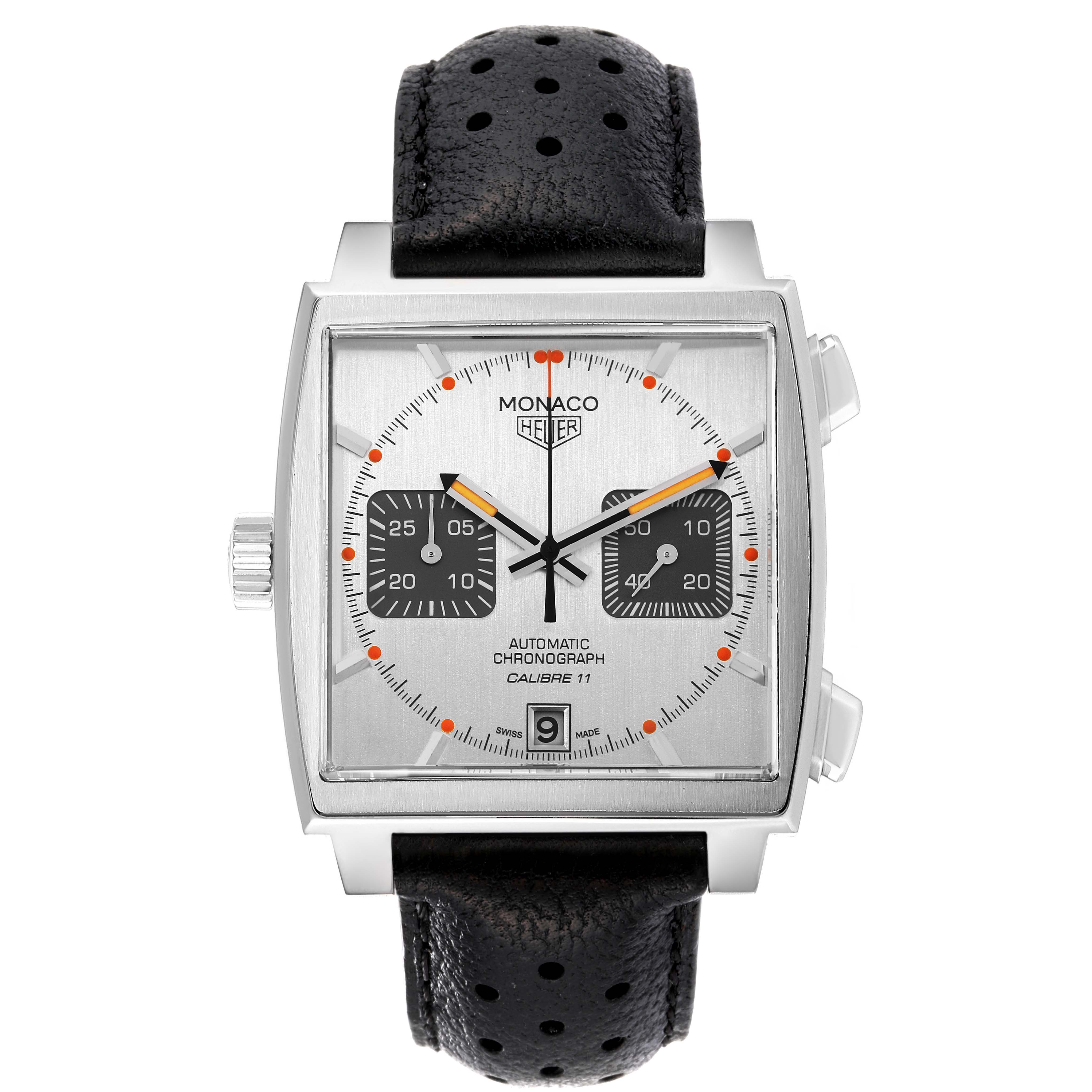 The image shows a front view of the Limited Edition Tag Heuer Monaco watch, featuring a square case, black leather strap, and two subdials.