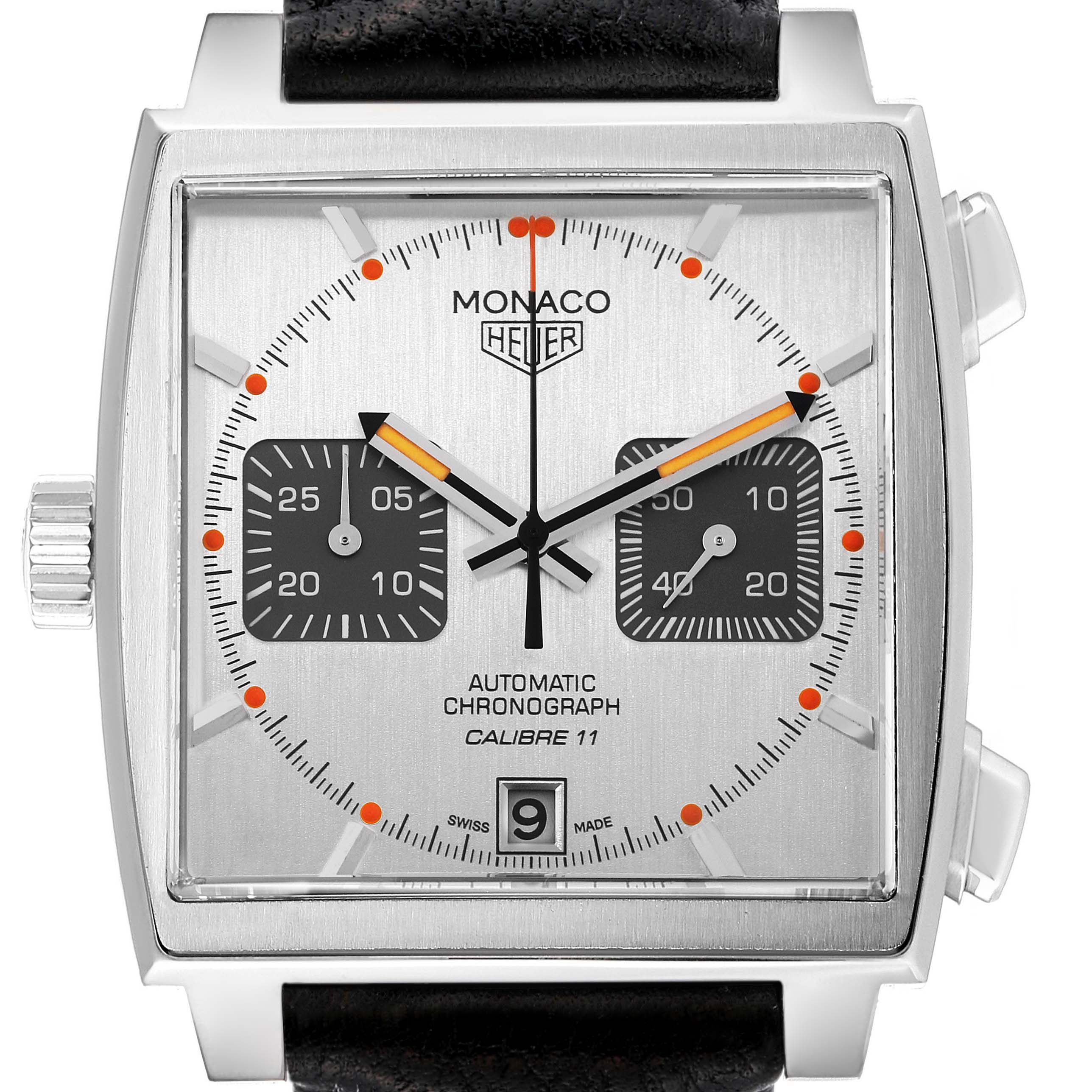 The image shows a front view of the Tag Heuer Monaco Calibre 11 Limited Edition watch, highlighting the square dial and chronograph features.